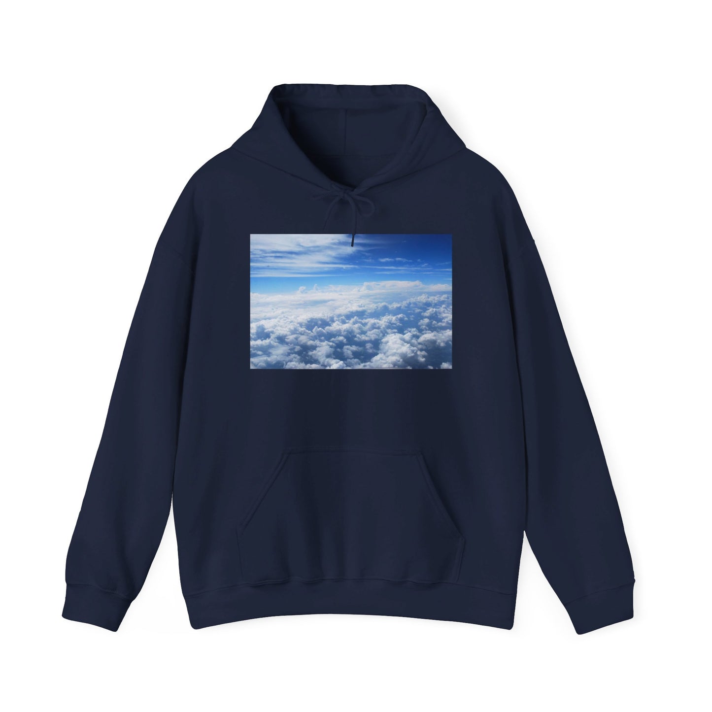 This is the Navy Above the Clouds Hoodie by Lee Hansheng Studios. It comes in sizes S-5XL. This is the image of the front with a drawstring tied in a bow and color matched. The illustration on the front chest. The illustration shows an overview of the clouds from the sky. Through the foreground are white, light blue, dark blue fluffy clouds that straighten out in the background. There are clear blue skies in the background. There is a kangaroo pocket, hemming on the wrists and end of the hoodie.