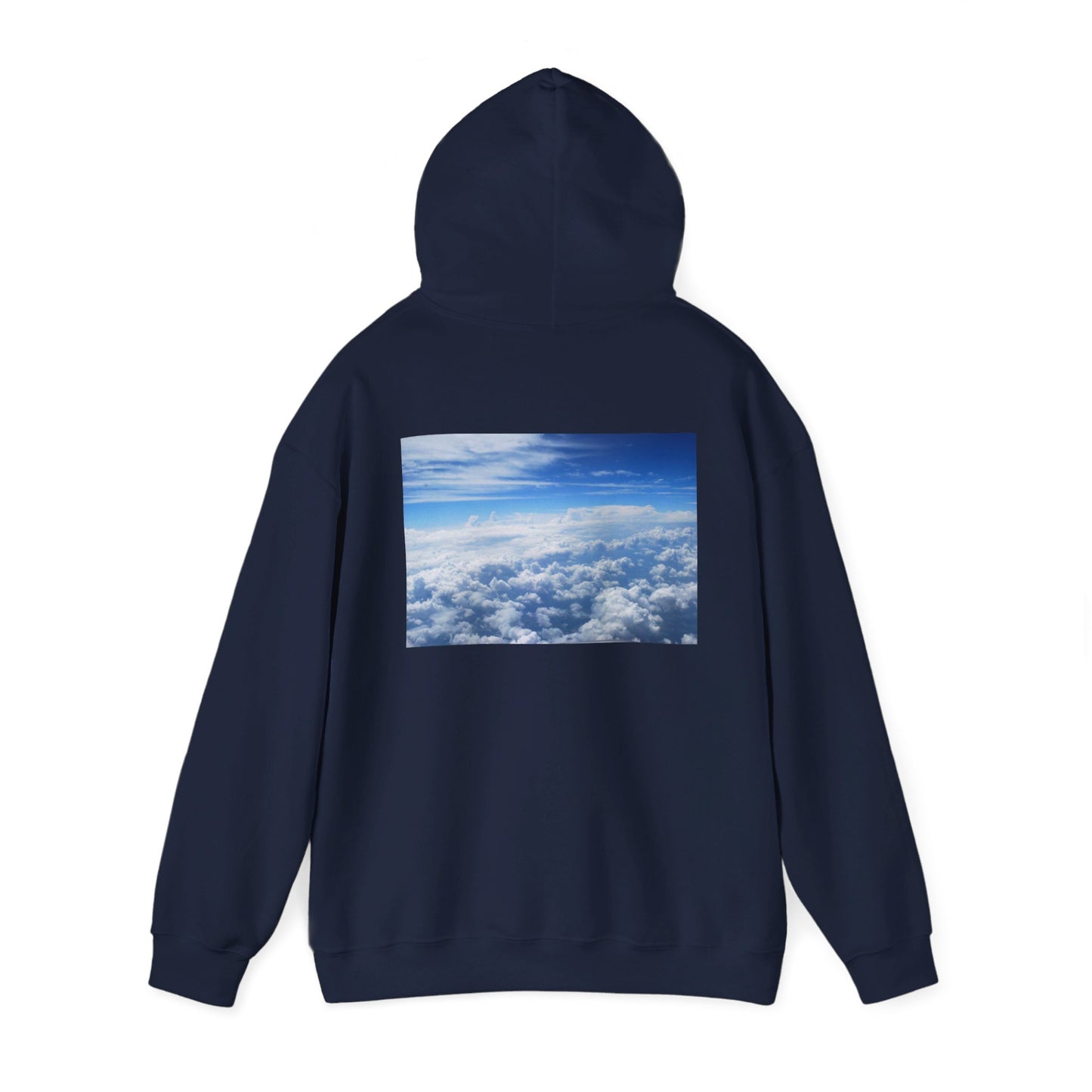 This is the Navy Above the Clouds Hoodie by Lee Hansheng Studios. It comes in sizes S-5XL. This is the image of the back with the hood up. The illustration is between the upper back and ends before lower back. The illustration shows an overview of the clouds from the sky. Through the foreground are white, light blue, dark blue fluffy clouds that straighten out in the background. There are clear blue skies in the background. There is hemming on the wrists and end of the hoodie.