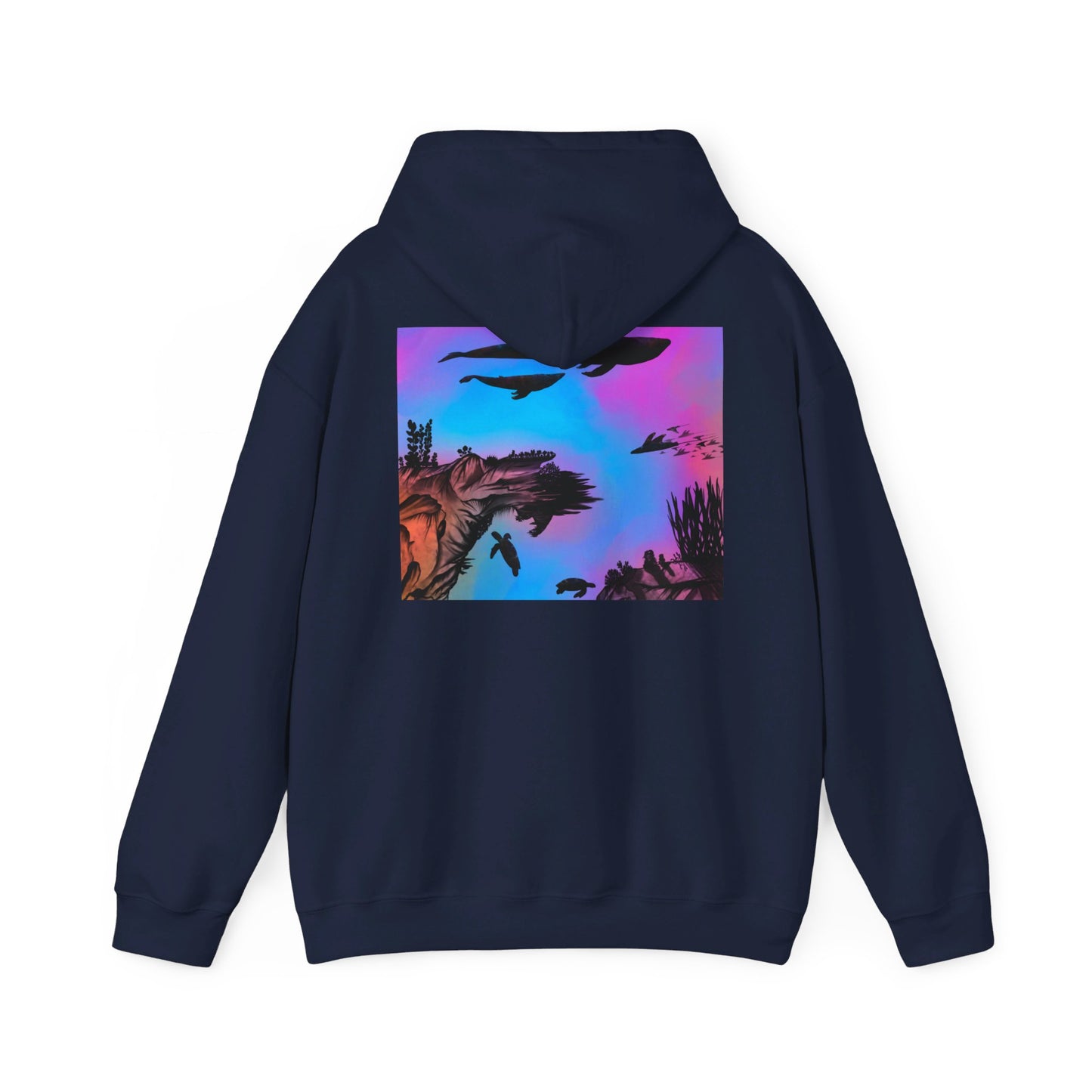 This is the Navy Into the Abyss Heavy Blend Hooded Sweatshirt by Lee Hansheng Studios. It comes in sizes S-5XL. The image shows the sweatshirt from the back with the hood down. The illustration is a square shape of an underwater seascape with aquatic plants on a marbled background. The square fits the whole upper back. There are two blue whales, 1 goblin shark, school of eagle rays, two sea turtles and a school of fish. The image is against a white background.