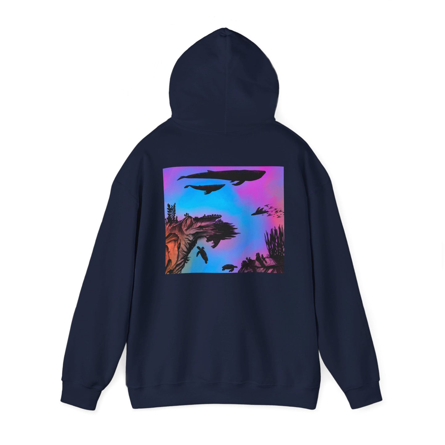 This is the Navy Into the Abyss Heavy Blend Hooded Sweatshirt by Lee Hansheng Studios. It comes in sizes S-5XL. The image shows the sweatshirt from the back with the hood up. The illustration is a square shape of an underwater seascape with aquatic plants on a marbled background. The square fits the whole upper back. There are two blue whales, 1 goblin shark, school of eagle rays, two sea turtles and a school of fish. The image is against a white background.