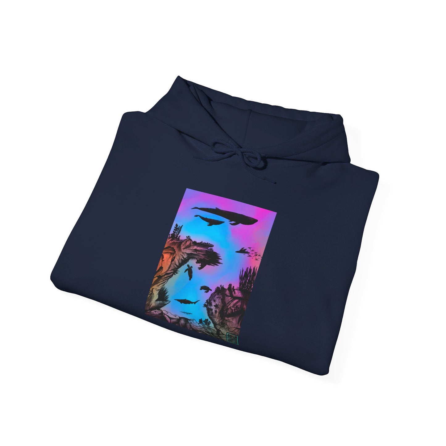 This is the Navy Into the Abyss Heavy Blend Hooded Sweatshirt by Lee Hansheng Studios. It comes in sizes S-5XL. The image shows the sweatshirt folded, the drawstring is tied in a bow and color matched. The illustration is a rectangular shape of an underwater seascape with aquatic plants on a marbled background. There are two blue whales, 1 goblin shark, school of eagle rays, two sea turtles and a school of fish. The image is against a white background.