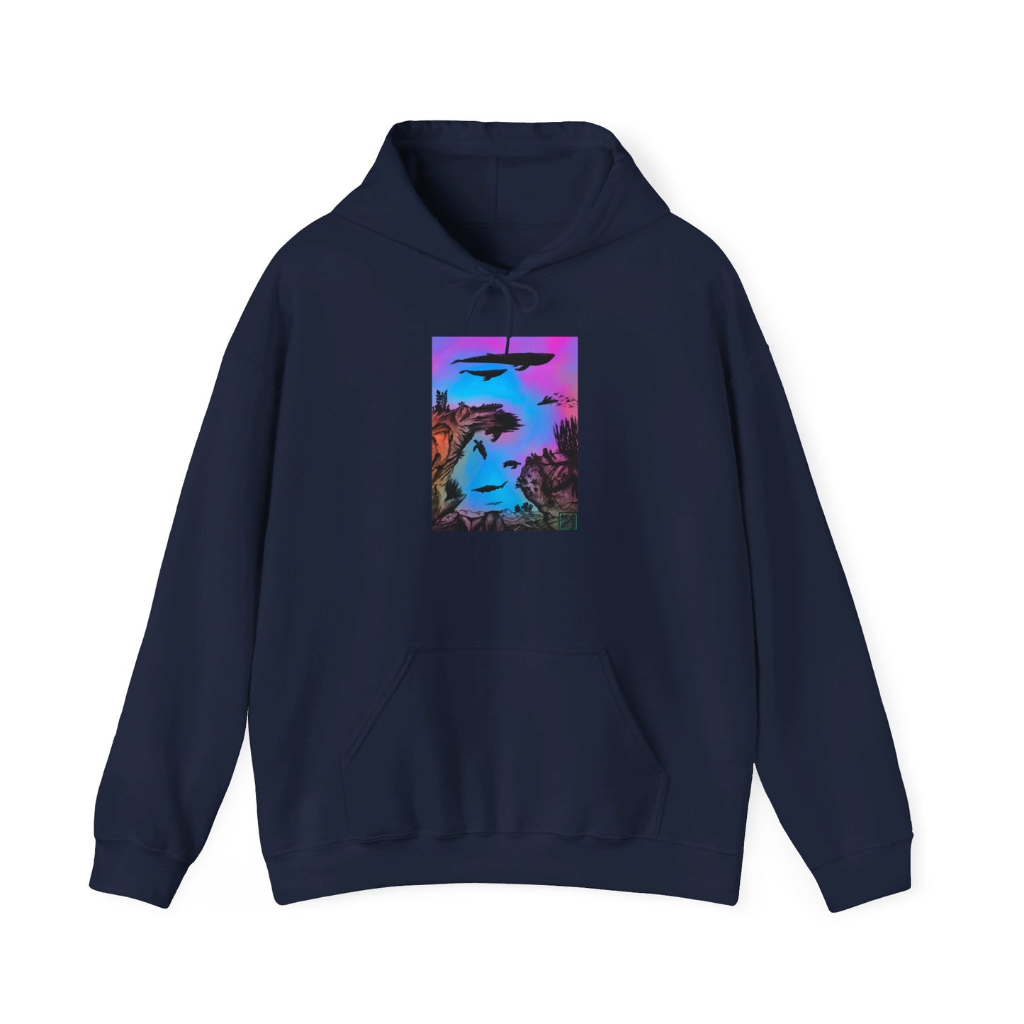 This is the Navy Into the Abyss Heavy Blend Hooded Sweatshirt by Lee Hansheng Studios. It comes in sizes S-5XL. The image shows the sweatshirt from the front. The illustration is a rectangular shape of an underwater seascape with aquatic plants on a marbled background. There are two blue whales, 1 goblin shark, school of eagle rays, two sea turtles and a school of fish. There is a kangaroo pocket. There is hemming on the wrists and end of it. The image is against a white background.