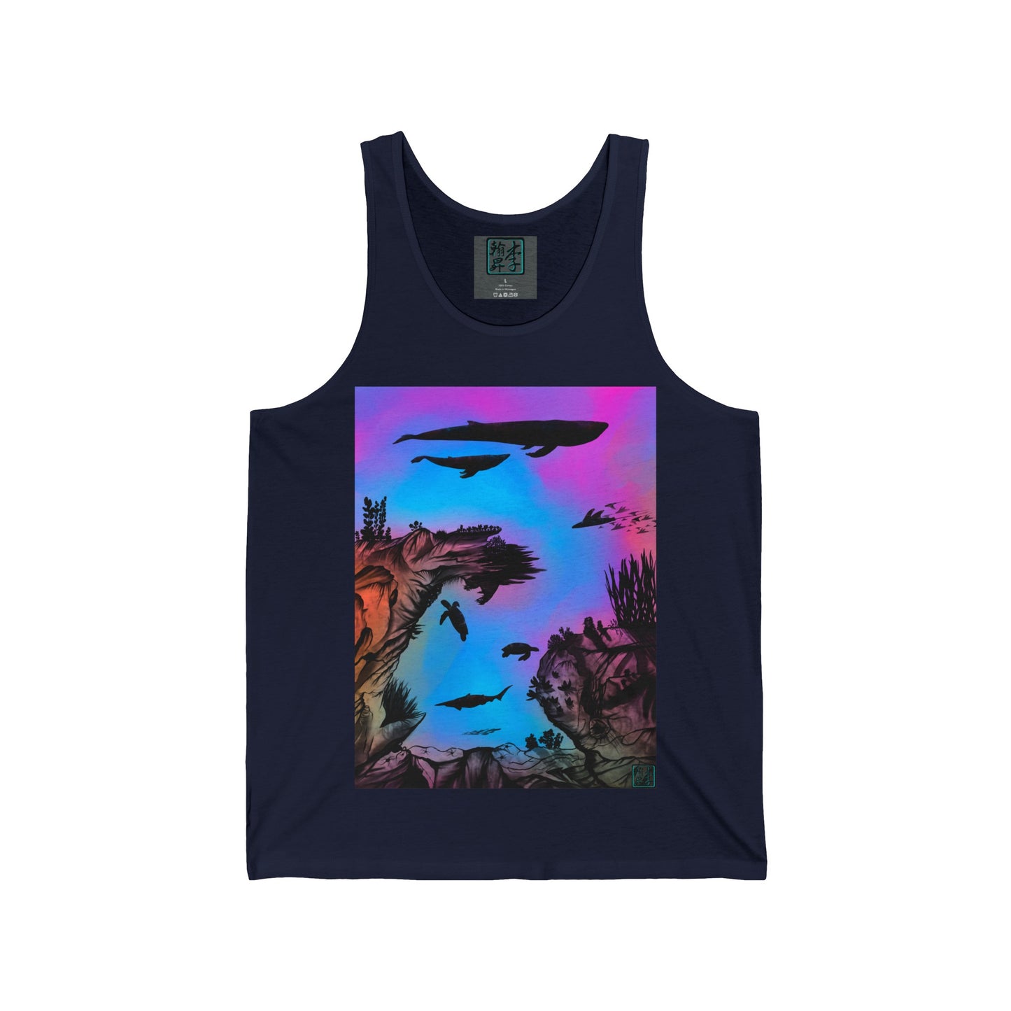 This is the Navy Into the Abyss Jersey Tank by Lee Hansheng Studios. The illustration is underwater seascape with aquatic plants on a marbled background. There are two blue whales, 1 goblin shark, school of eagle rays, two sea turtles and a school of fish. On the bottom right corner is the studio's logo printed in black outlined in blue. This is an image of the tank from the front. It is against a white background.