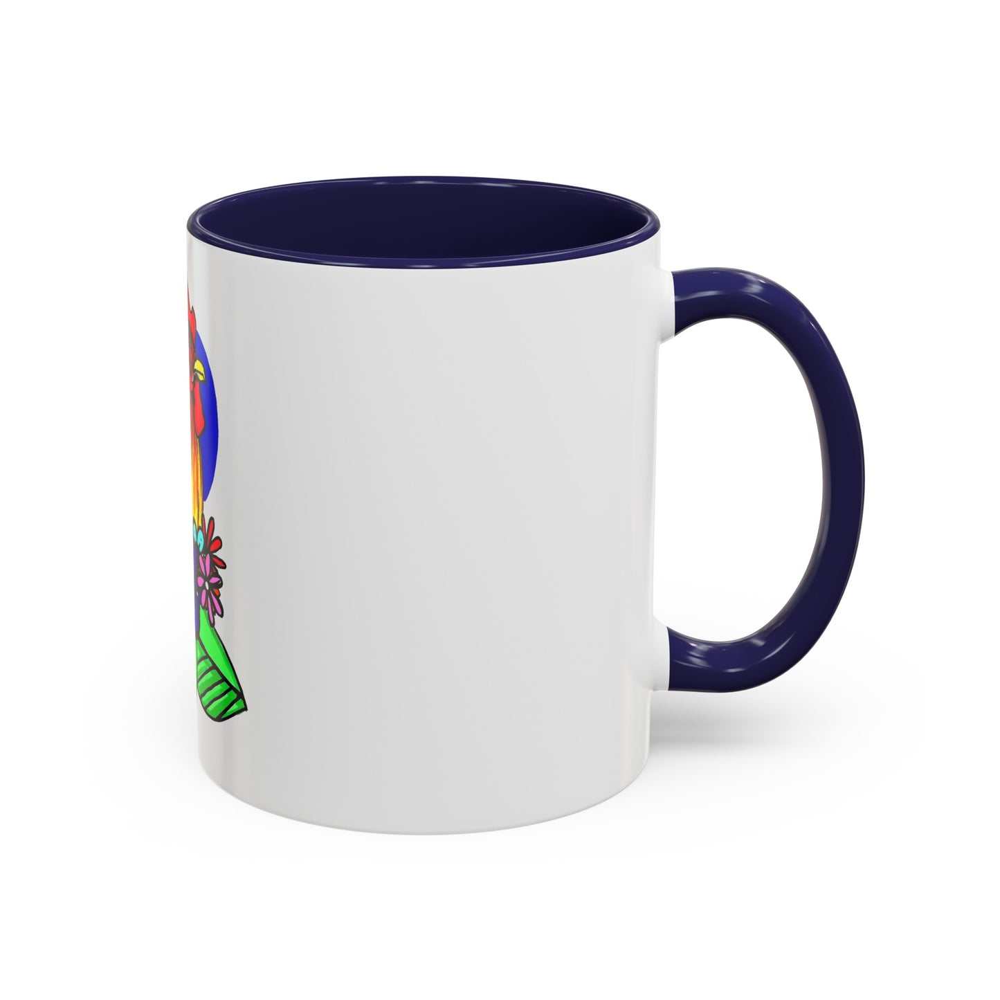 This it the Navy 11 oz Cock Accent Coffee Mug by Storm Garden Studio. This image showcases the back of the mug with the handle to the right. The handles are color matched. A bit of the illustration can be seen from the right with a bright green, orange and blue. It is against a white background.