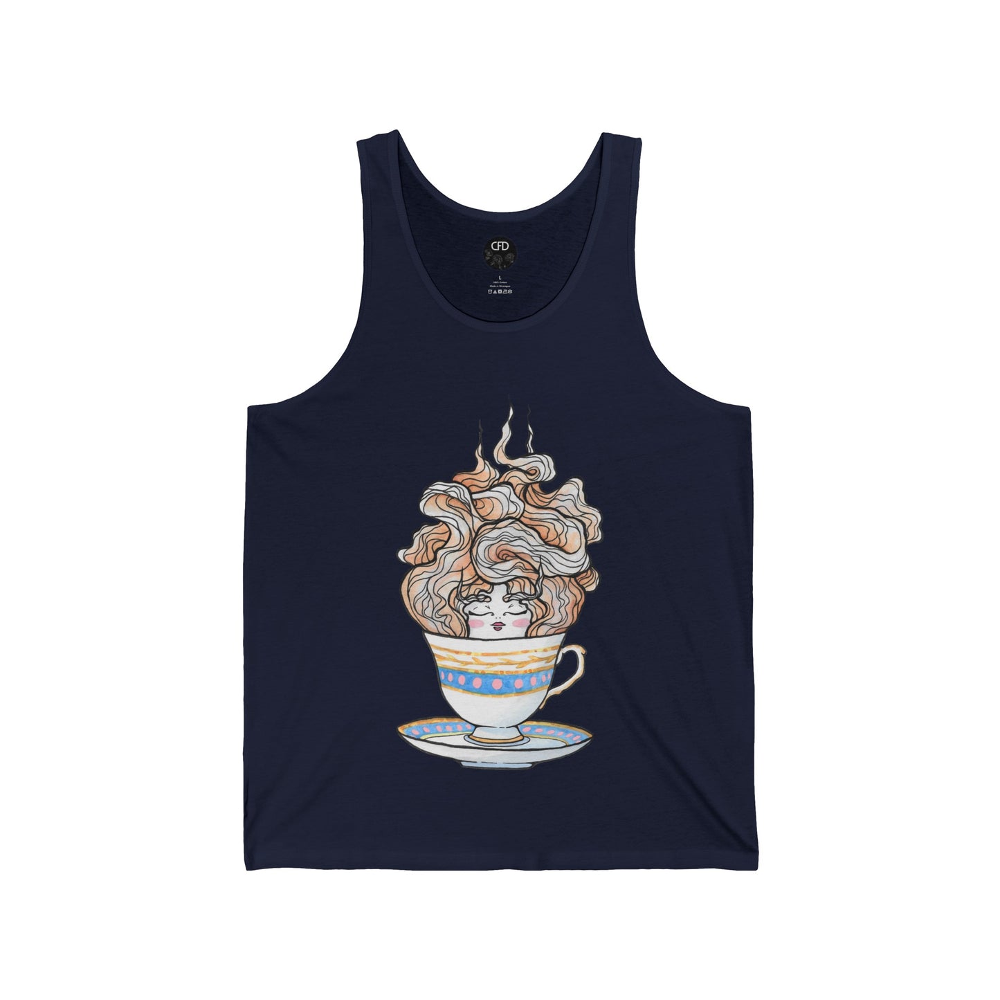 This is the Navy English Breakfast Tea Tank by Chris Foster Design. It comes in sizes XS-2XL. This is an image of the front with a circular CFD logo in white lettering and black background. The size label is below the logo in white. A teacup that is light blue, yellow and white with light pink, white and red steam that is going upwards. There is a lady's face in the middle and beginning of the teacup with her eyes closed, red lips, blushing pink cheeks. and eyebrows that go upward.