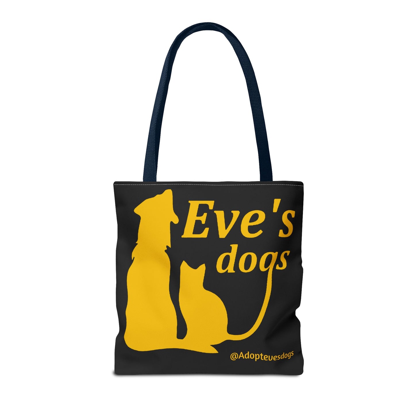 This is the Navy 16" x 16" Adopt Eve's Dog Tote Bag. This is the front image of the tote. The handles are navy. The top of the tote is hemmed in yellow. The tote is all over black with the image of a dog, cat, "Eve's Dogs" and "@Adoptevesdogs" in yellow. The tote is against an all white background.
