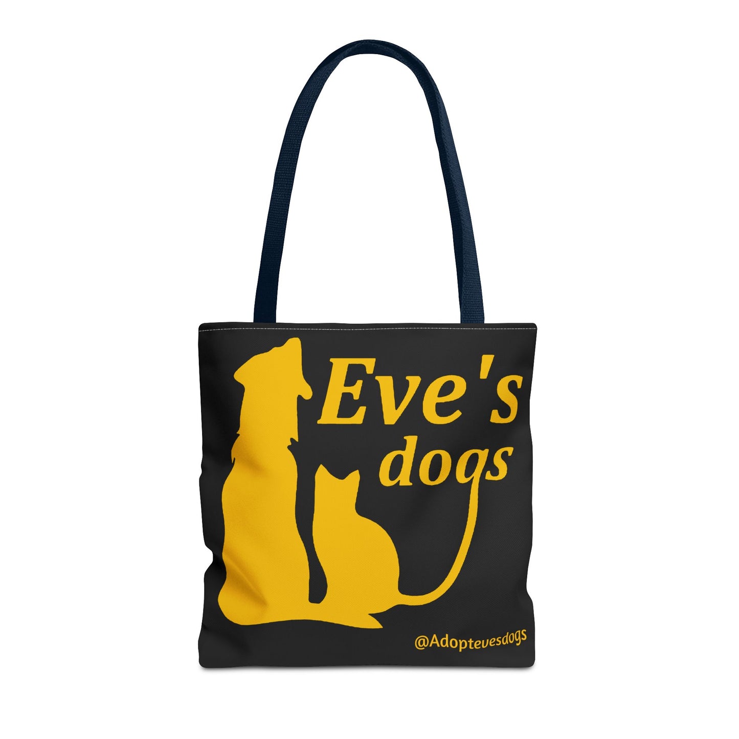 This is the Navy 16" x 16" Adopt Eve's Dog Tote Bag. This is the front image of the tote. The handles are navy. The top of the tote is hemmed in yellow. The tote is all over black with the image of a dog, cat, "Eve's Dogs" and "@Adoptevesdogs" in yellow. The tote is against an all white background.