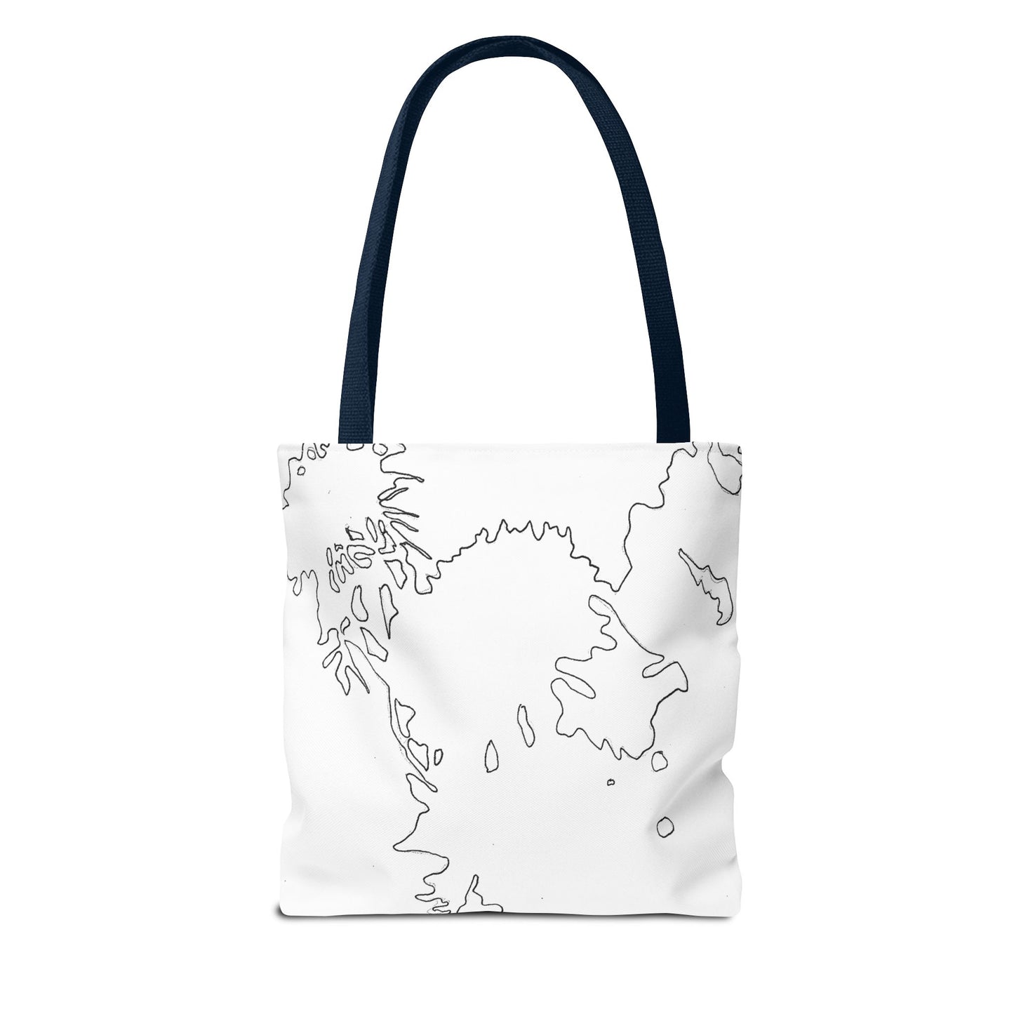 This is the Navy 13" x 13" Flowers Tote Bag by Storm Garden Studio. The tote has color matched straps, abstract line work which is outlines of flowers, all over print. The colors are white and black. The tote is against a white background.