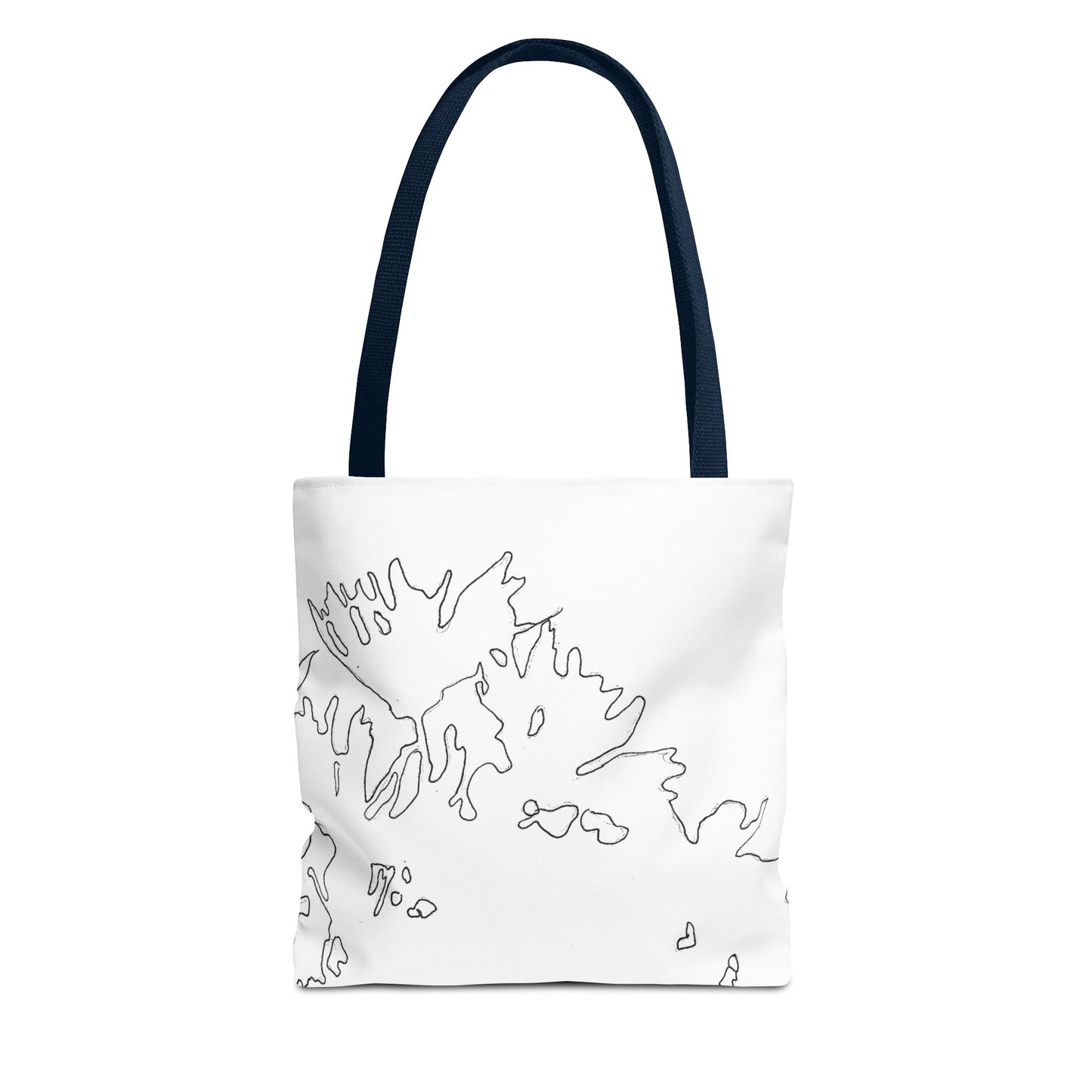 This is the Navy 13" x 13" Flowers Tote Bag by Storm Garden Studio. The tote has color matched straps, abstract line work which is outlines of flowers, all over print. The colors are white and black. The tote is against a white background.