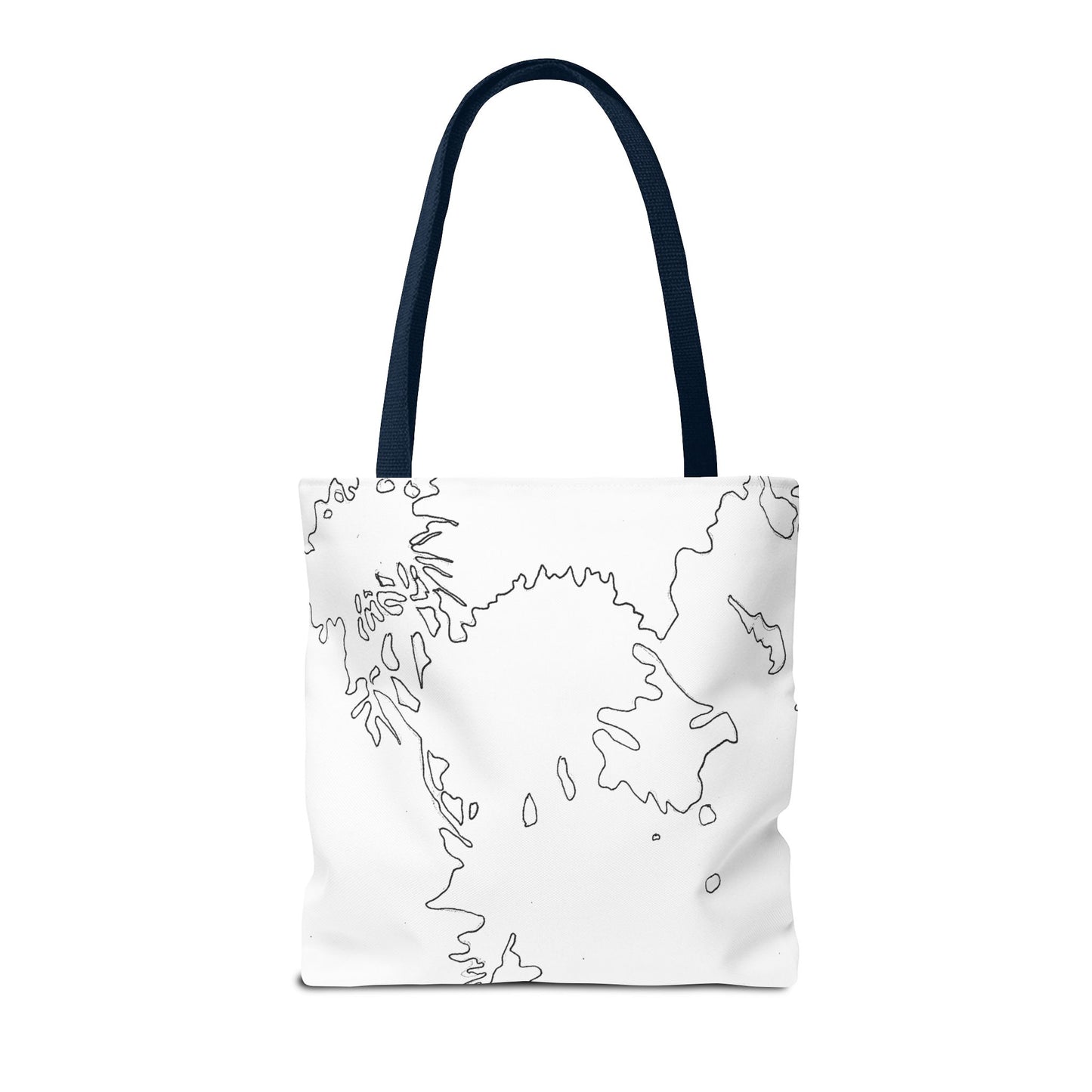 This is the Navy 16" x 16" Flowers Tote Bag by Storm Garden Studio. The tote has color matched straps, abstract line work which is outlines of flowers, all over print. The colors are white and black. The tote is against a white background.