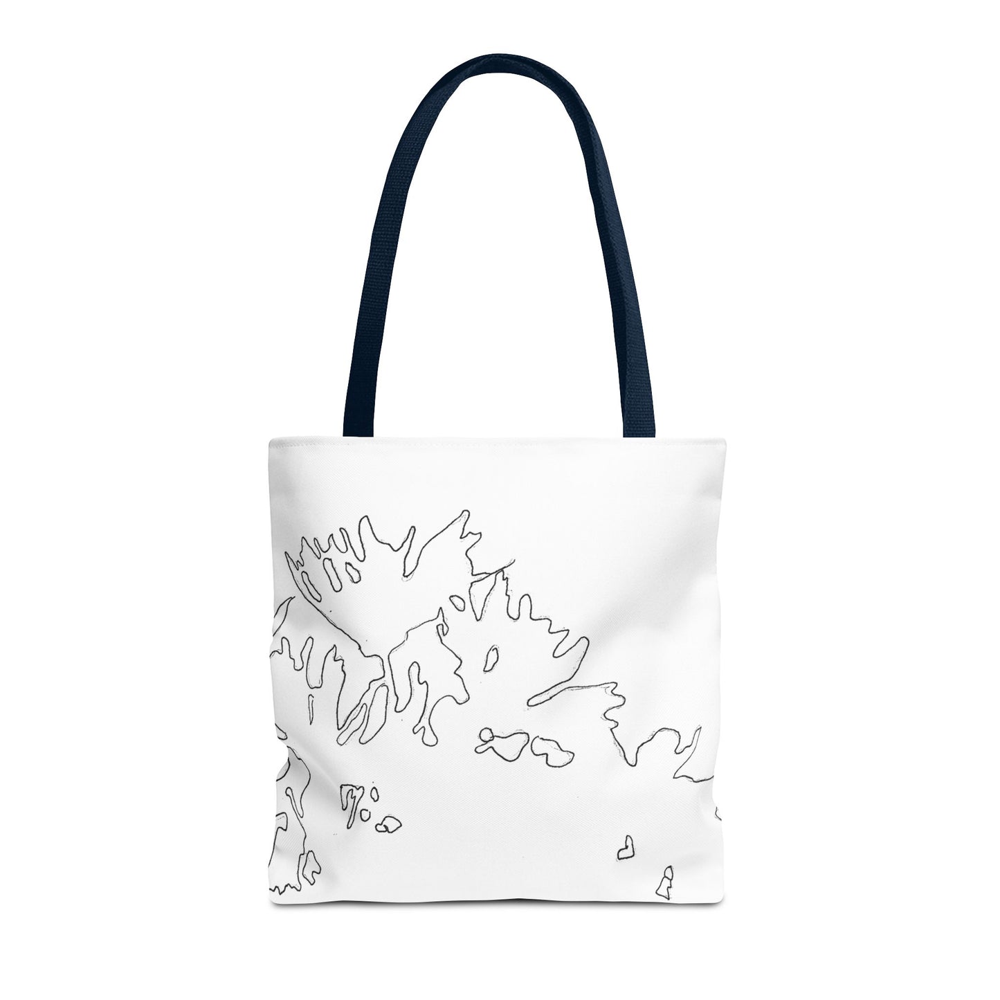This is the Navy 16" x 16" Flowers Tote Bag by Storm Garden Studio. The tote has color matched straps, abstract line work which is outlines of flowers, all over print. The colors are white and black. The tote is against a white background.