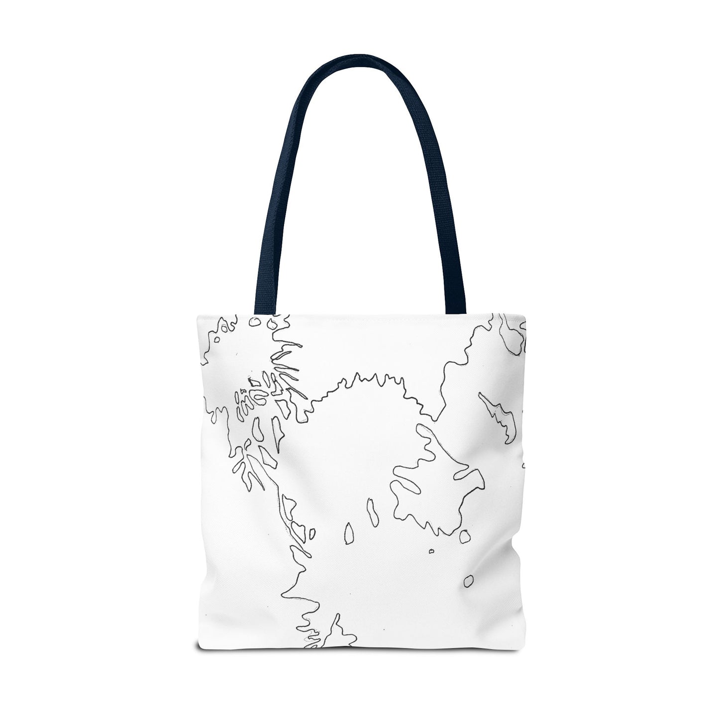 This is the Navy 18" x 18" Flowers Tote Bag by Storm Garden Studio. The tote has color matched straps, abstract line work which is outlines of flowers, all over print. The colors are white and black. The tote is against a white background.