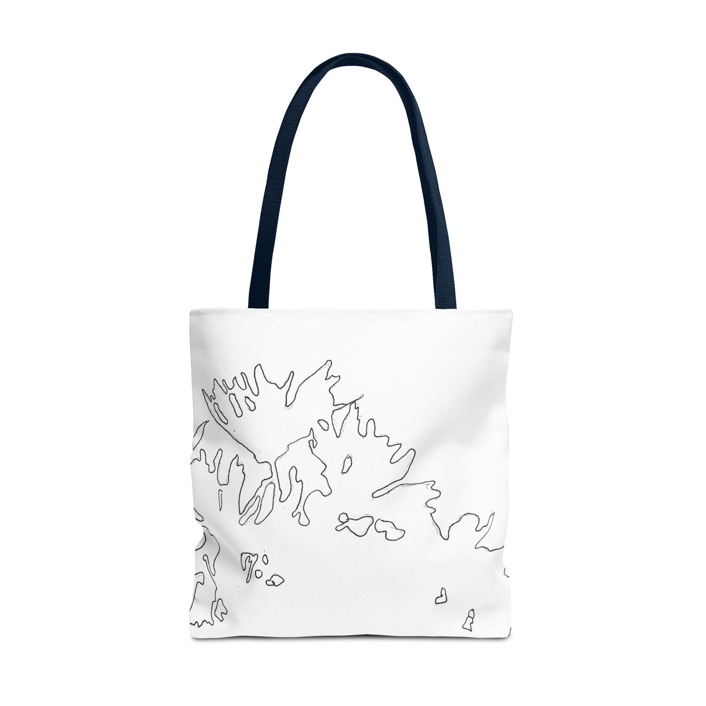 This is the Navy 18" x 18" Flowers Tote Bag by Storm Garden Studio. The tote has color matched straps, abstract line work which is outlines of flowers, all over print. The colors are white and black. The tote is against a white background.