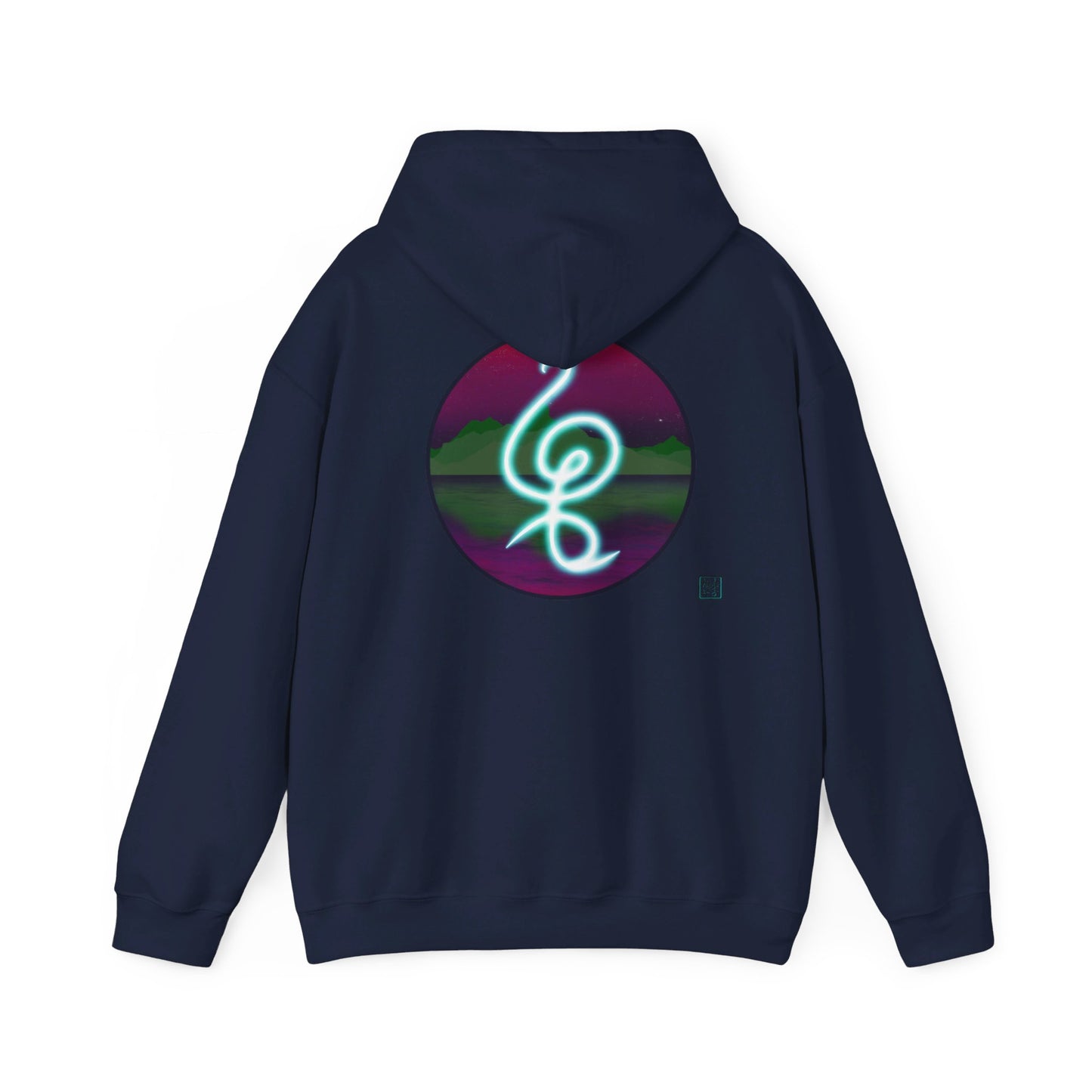 This is the Navy Hakuna Matata Unisex Heavy Blend Hooded Sweatshirt by Lee Hansheng Studios. This is the image of it from the back and the hood is down.This comes in sizes S- 5XL. This illustration is an oval image on with the "There are no worries" in Swahili which is a bright light blue. Behind the symbol is a landscape with dark green mountains. It is reflected in the water and clear are pink/purple sky with a couple of stars. The illustration is on the upper back and the studio logo is below it.