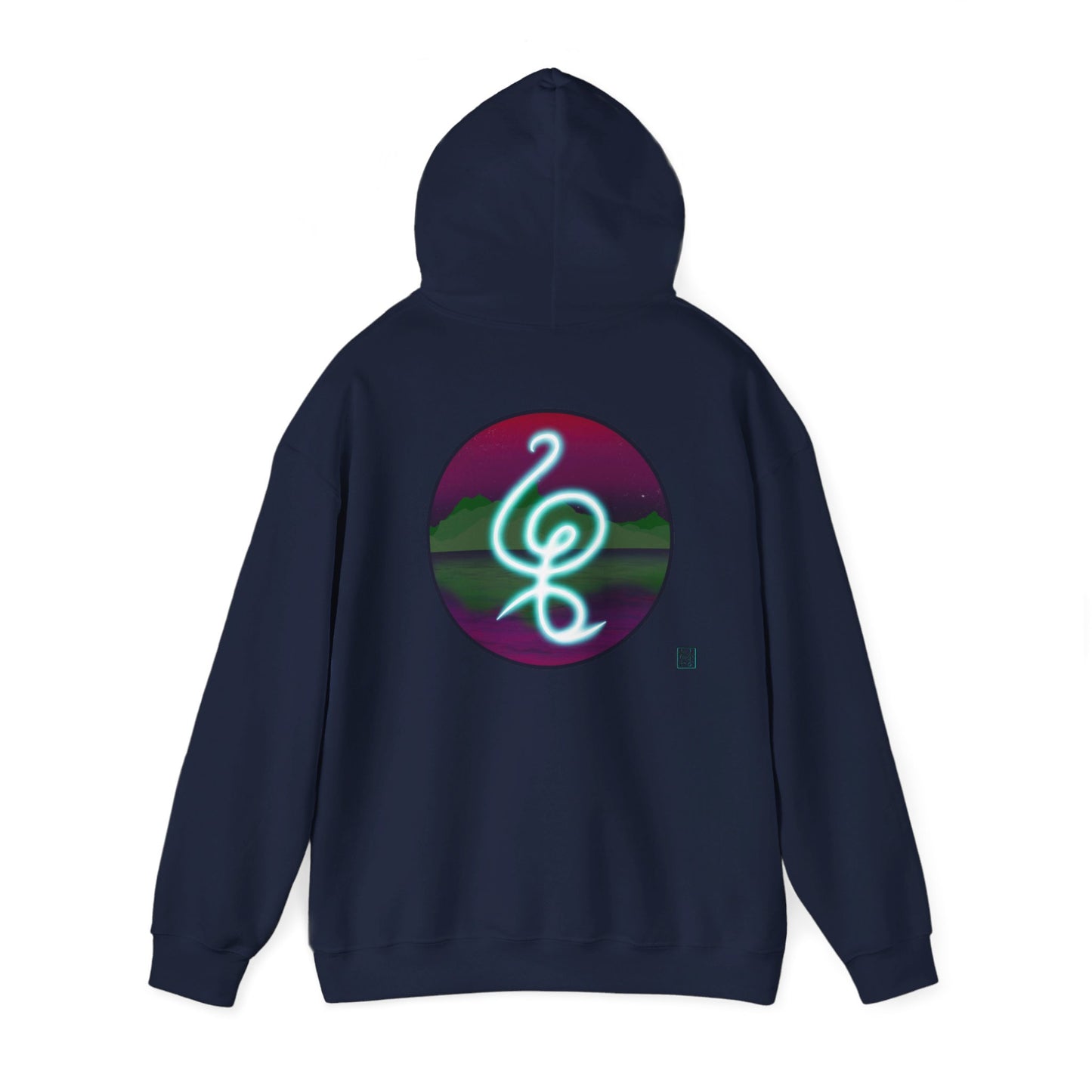 This is the Navy Hakuna Matata Unisex Heavy Blend Hooded Sweatshirt by Lee Hansheng Studios. This is the image of it from the back and the hood up. This comes in sizes S- 5XL. This illustration is an oval image on with the "There are no worries" in Swahili which is a bright light blue. Behind the symbol is a landscape with dark green mountains. It is reflected in the water and clear are pink/purple sky with a couple of stars. The illustration is on the upper back and the studio logo is below it.