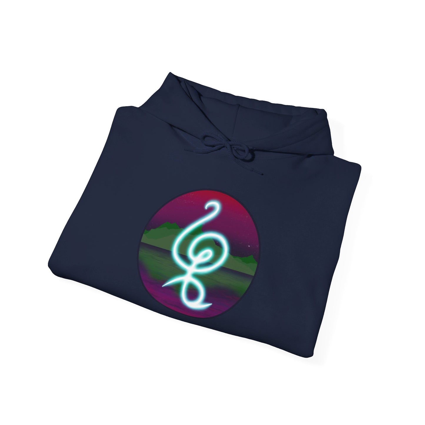 This is the Navy Hakuna Matata Unisex Heavy Blend Hooded Sweatshirt by Lee Hansheng Studios. This is the image of it folded from the front. The drawstring is tied in a bow and color matched. This comes in sizes S- 5XL. This illustration is an oval image on with the "There are no worries" in Swahili which is a bright light blue. Behind the symbol is a landscape with dark green mountains. It is reflected in the water and clear are pink/purple sky with a couple of stars.