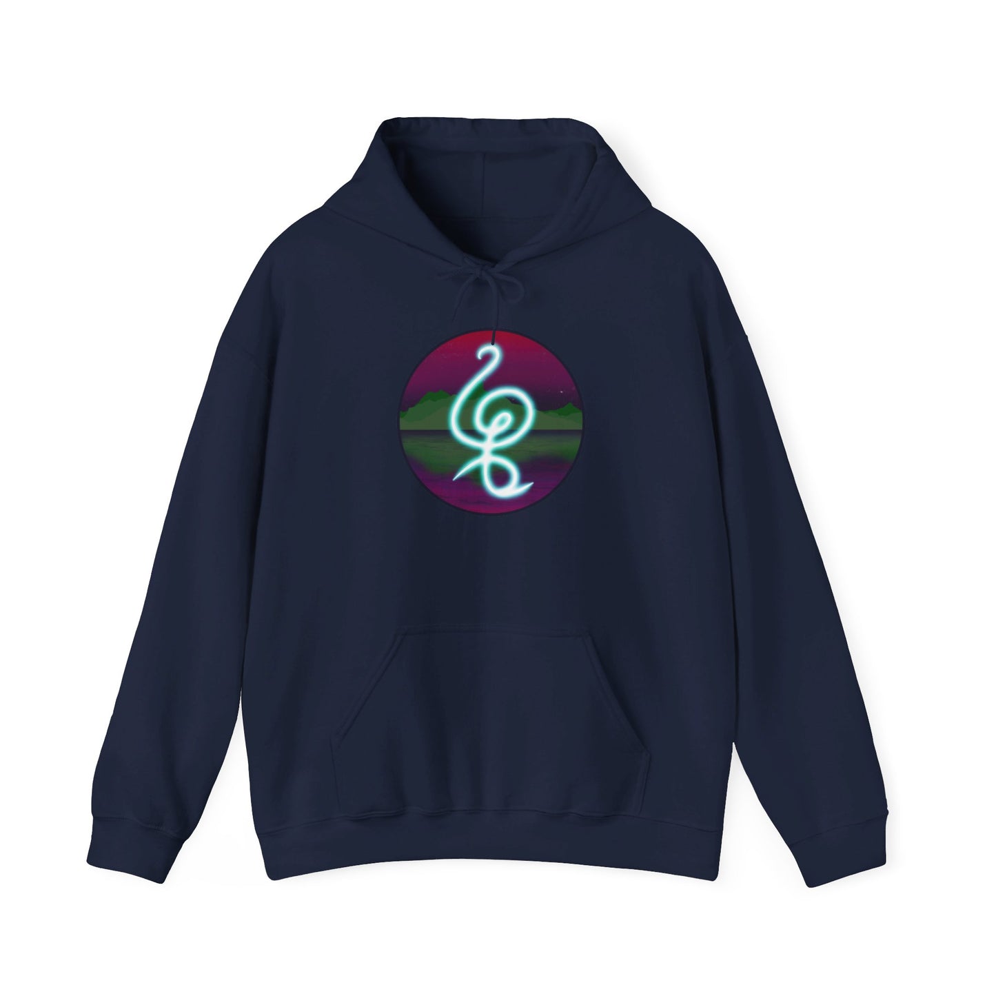 This is the Navy Hakuna Matata Unisex Heavy Blend Hooded Sweatshirt by Lee Hansheng Studios. This is the image of it from the front.This comes in sizes S- 5XL. The drawstring is color matched and tied. This illustration is an oval image on with the "There are no worries" in Swahili and bright light blue.Behind the symbol is a landscape with dark green mountains, reflected in the water,clear pink/purple sky with a couple of stars.The illustration is on the upper back and the studio logo is below it.