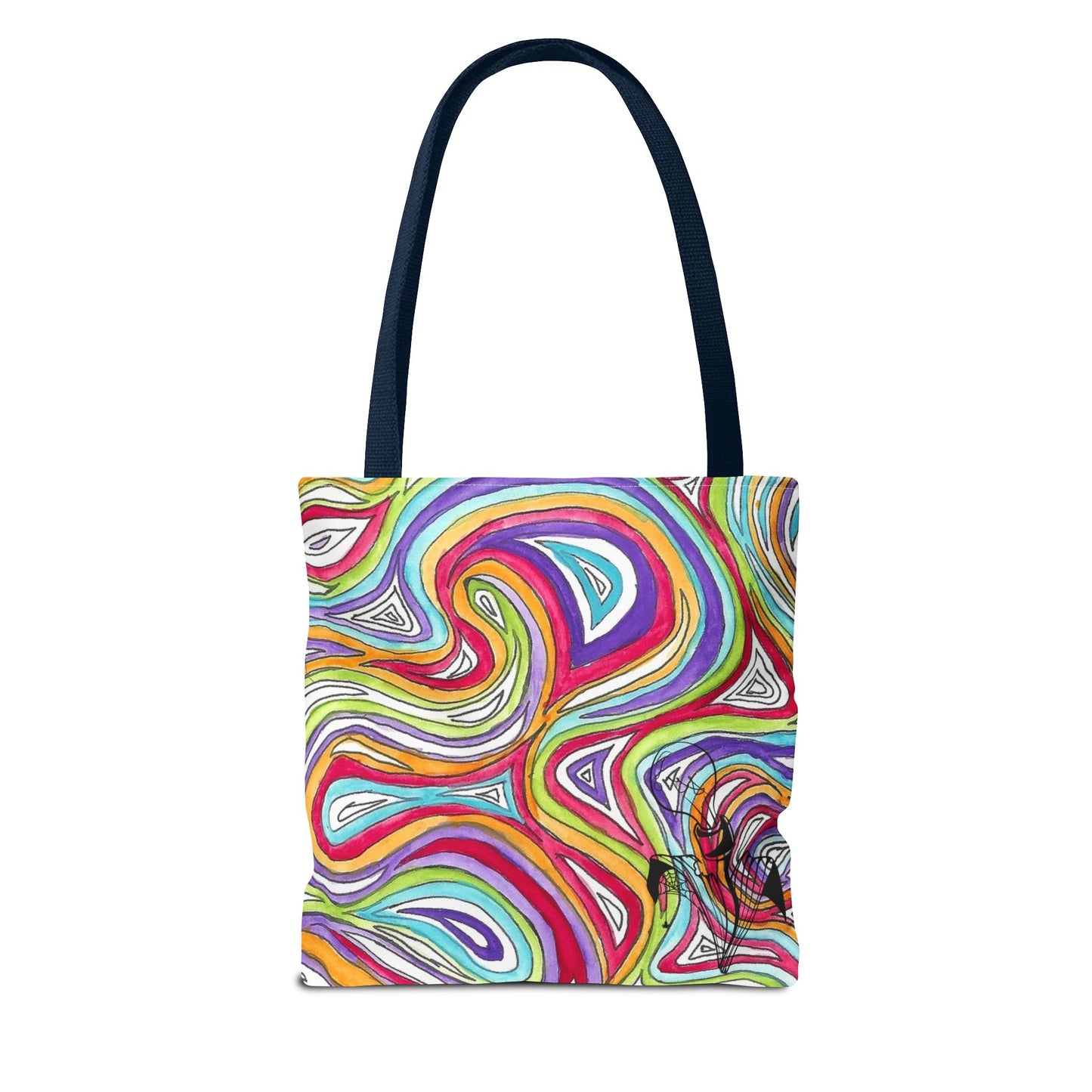 This is the Navy 13" x 13" Oil Spill Tote Bag by Storm Garden Studio. The tote has color matched straps, abstract colors and line work, all over print. The colors are lime green, orange, light blue, dark red, purple, white and black. Storm Garden Studio logo printed in black on bottom right of tote bag. The tote is against a white background.
