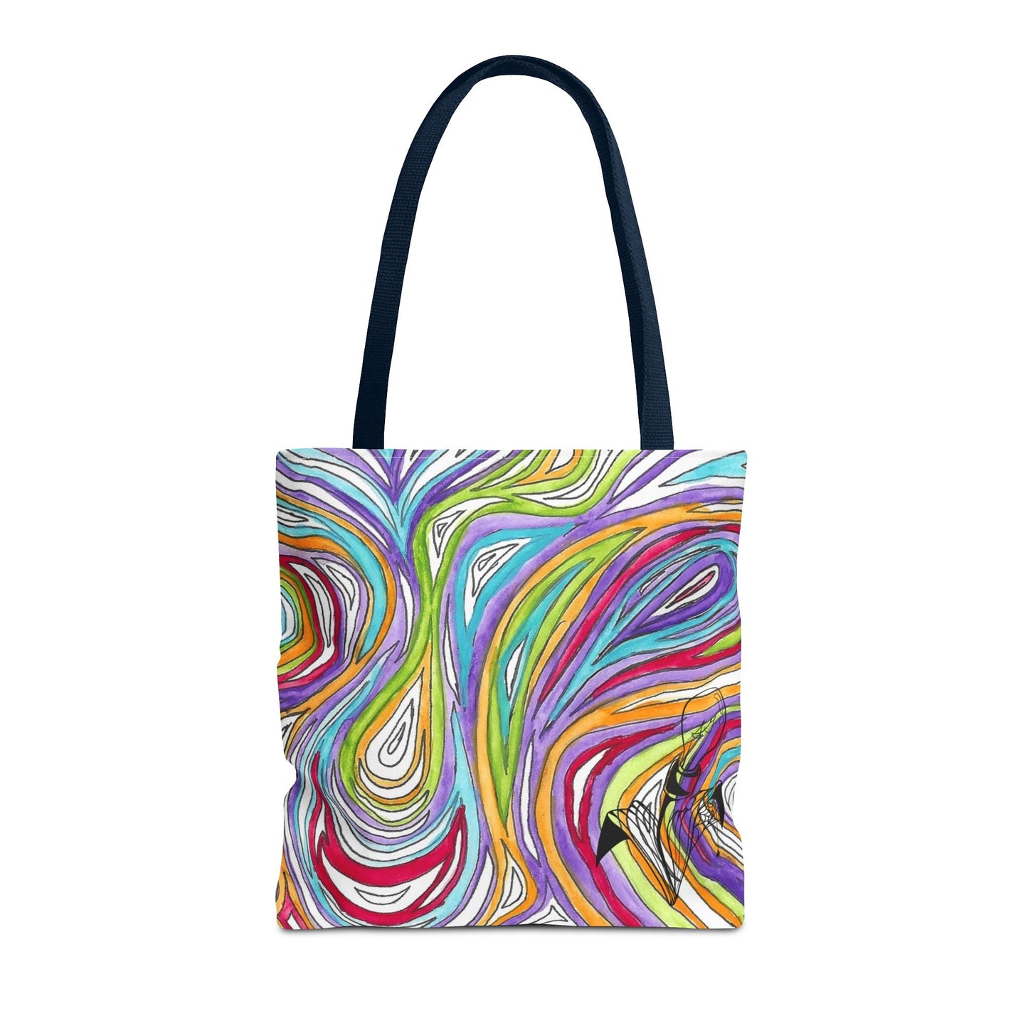 This is the Navy 16" x 16" Oil Spill Tote Bag by Storm Garden Studio. The tote has color matched straps, abstract colors and line work, all over print. The colors are lime green, orange, light blue, dark red, purple, white and black. Storm Garden Studio logo printed in black on bottom right of tote bag. The tote is against a white background.