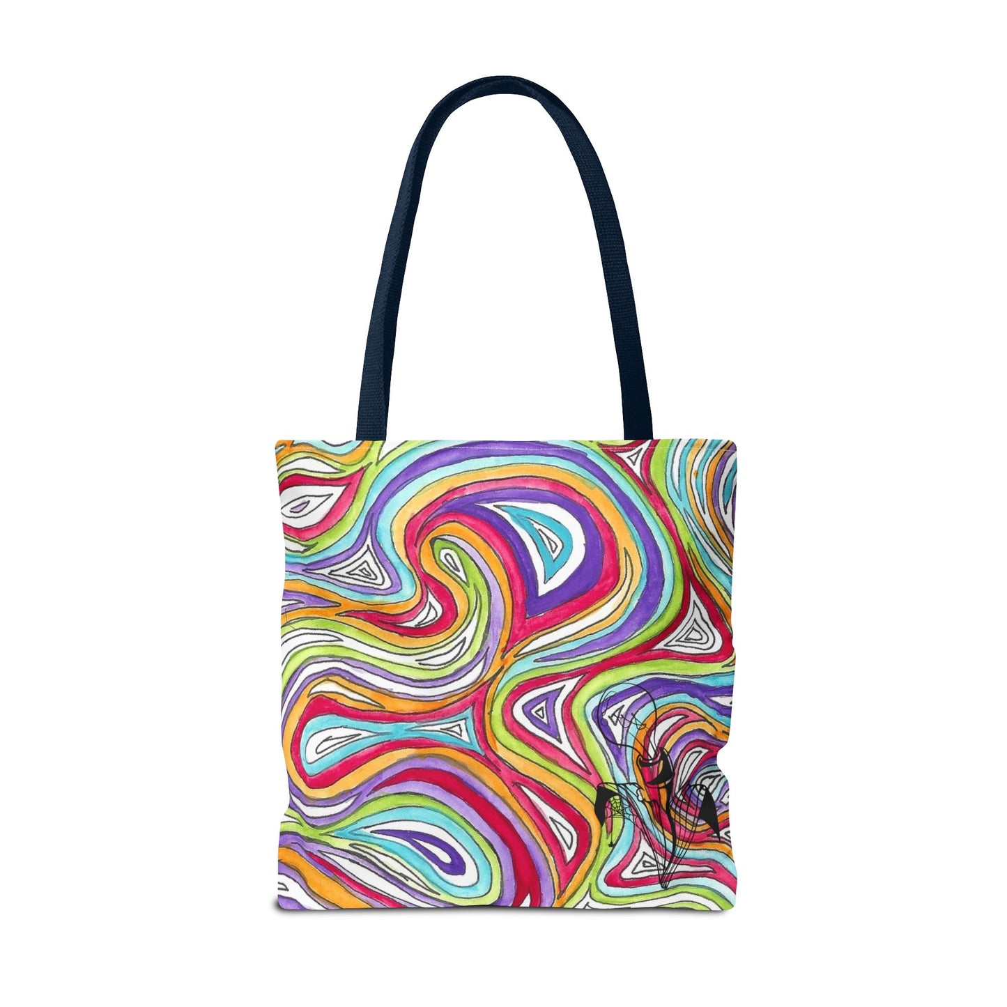 This is the Navy 18" x 18" Oil Spill Tote Bag by Storm Garden Studio. The tote has color matched straps, abstract colors and line work, all over print. The colors are lime green, orange, light blue, dark red, purple, white and black. Storm Garden Studio logo printed in black on bottom right of tote bag. The tote is against a white background.