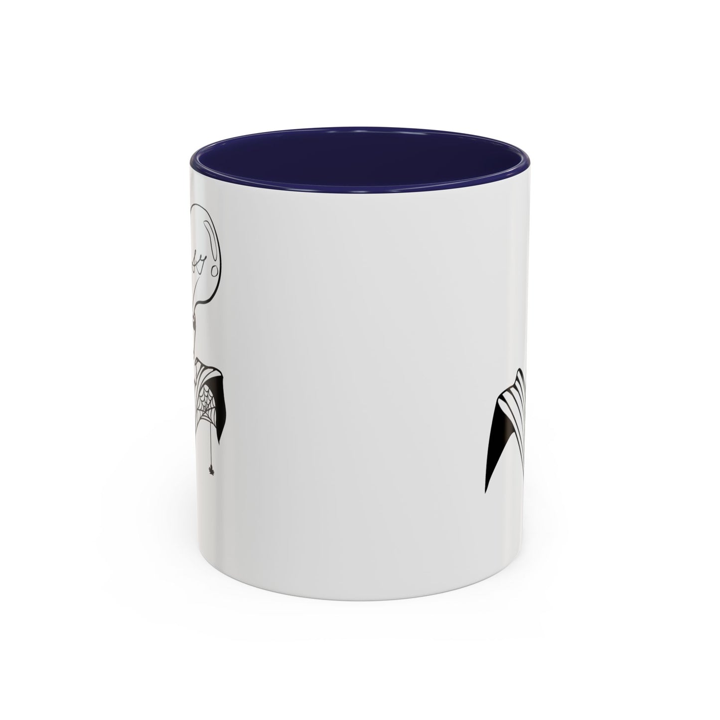 This is the Navy 11oz Storm Garden Studio Accent Coffee Mug. This is an image from the front that is color matched with the inside of the mug. On the left side a little bit of the leaf and lightbulb print can be seen. On the right only a little bit of the leaf can be seen. It is against a white background.