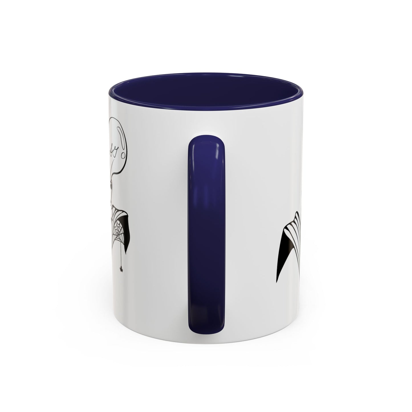 This is the Navy 11oz Storm Garden Studio Accent Coffee Mug. This is an image from the handle that is color matched with the inside of the mug. On the left side a little bit of the leaf and lightbulb print can be seen. On the right only a little bit of the leaf can be seen. It is against a white background.