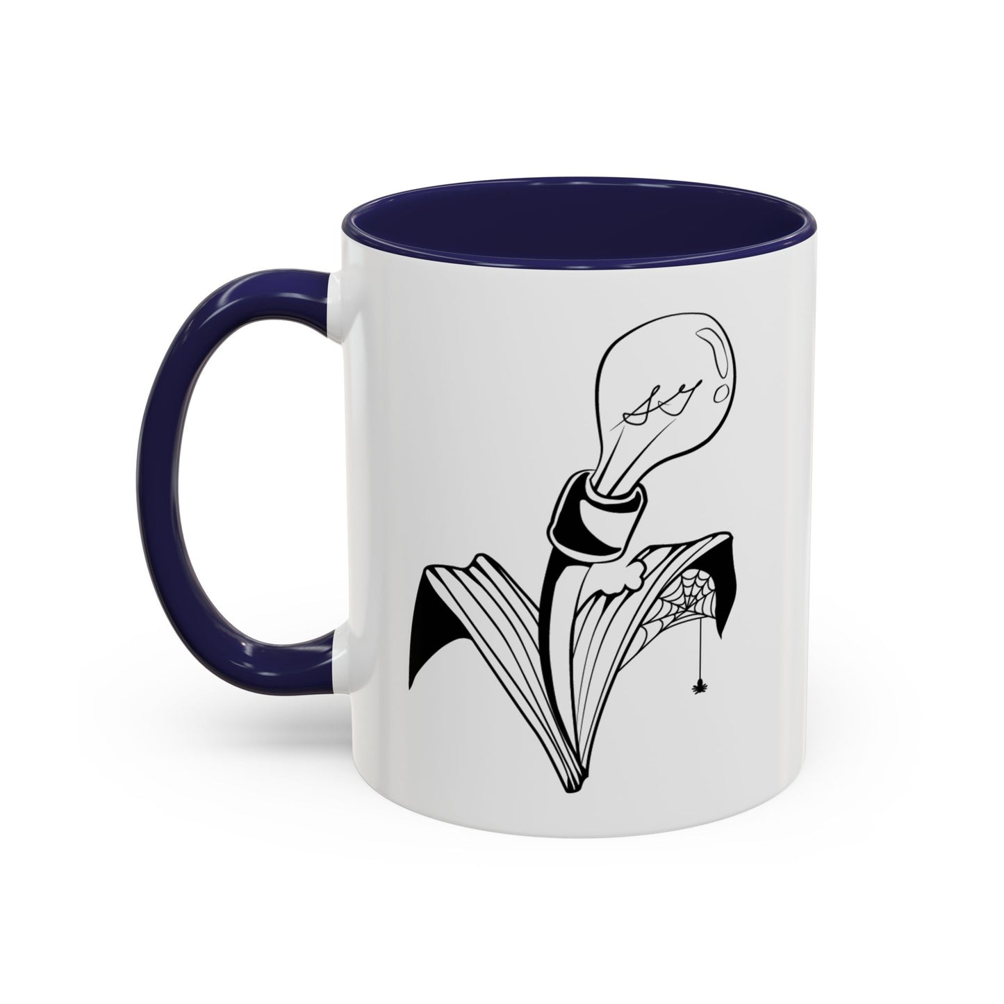 This is the Navy 11oz Storm Garden Studio Accent Coffee Mug. This is an image from the front with the handle on the left. It is color matched with the inside of the mug. The Storm Garden Studio logo is printed in black and white in the middle. The logo is a lightbulb screwed onto a plant with two leaves. One leaf is bitten through, has a spiderweb and a spider. It is against a white background.
