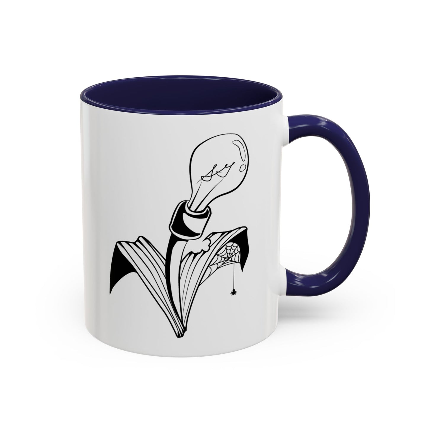 This is the Navy 11oz Storm Garden Studio Accent Coffee Mug. This is an image from the front with the handle on the right. It is color matched with the inside of the mug. The Storm Garden Studio logo is printed in black and white in the middle. The logo is a lightbulb screwed onto a plant with two leaves. One leaf is bitten through, has a spiderweb and a spider. It is against a white background.