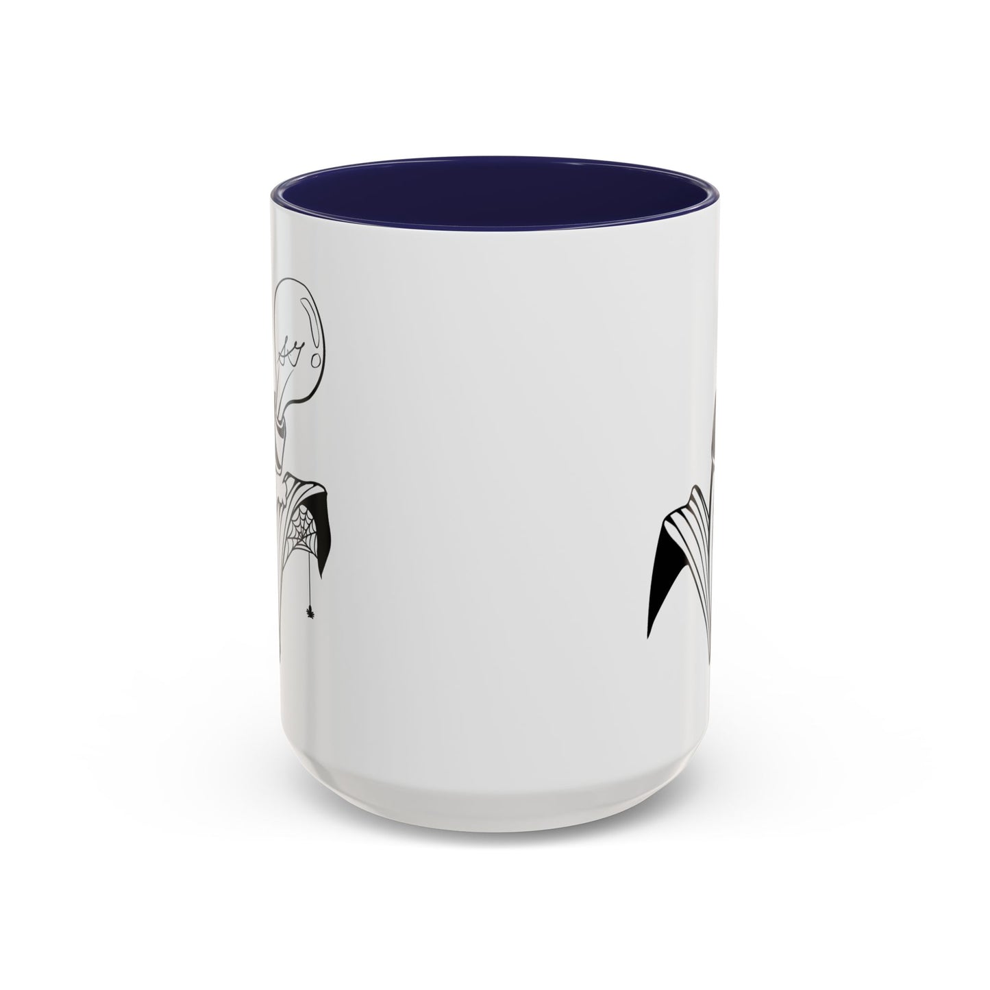 This is the Navy 15oz Storm Garden Studio Accent Coffee Mug. This is an image from the front that is color matched with the inside of the mug. On the left side a little bit of the leaf and lightbulb print can be seen. On the right only a little bit of the leaf can be seen. It is against a white background.