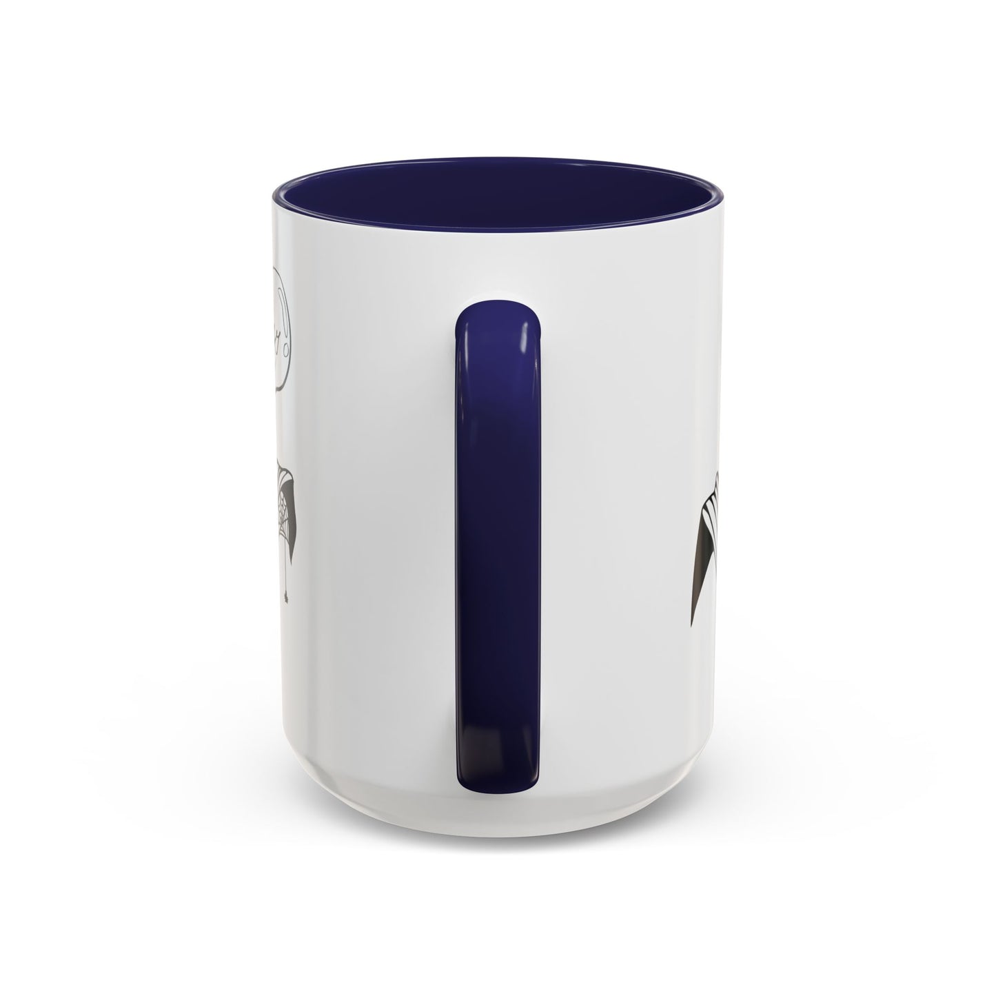 This is the Navy 15oz Storm Garden Studio Accent Coffee Mug. This is an image from the handle that is color matched with the inside of the mug. On the left side a little bit of the leaf and lightbulb print can be seen. On the right only a little bit of the leaf can be seen. It is against a white background.