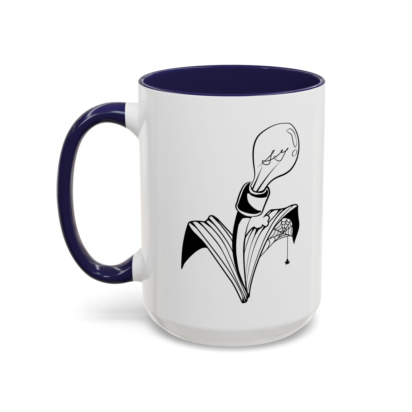 This is the Navy 15oz Storm Garden Studio Accent Coffee Mug. This is an image from the front with the handle on the left. It is color matched with the inside of the mug. The Storm Garden Studio logo is printed in black and white in the middle. The logo is a lightbulb screwed onto a plant with two leaves. One leaf is bitten through, has a spiderweb and a spider. It is against a white background.
