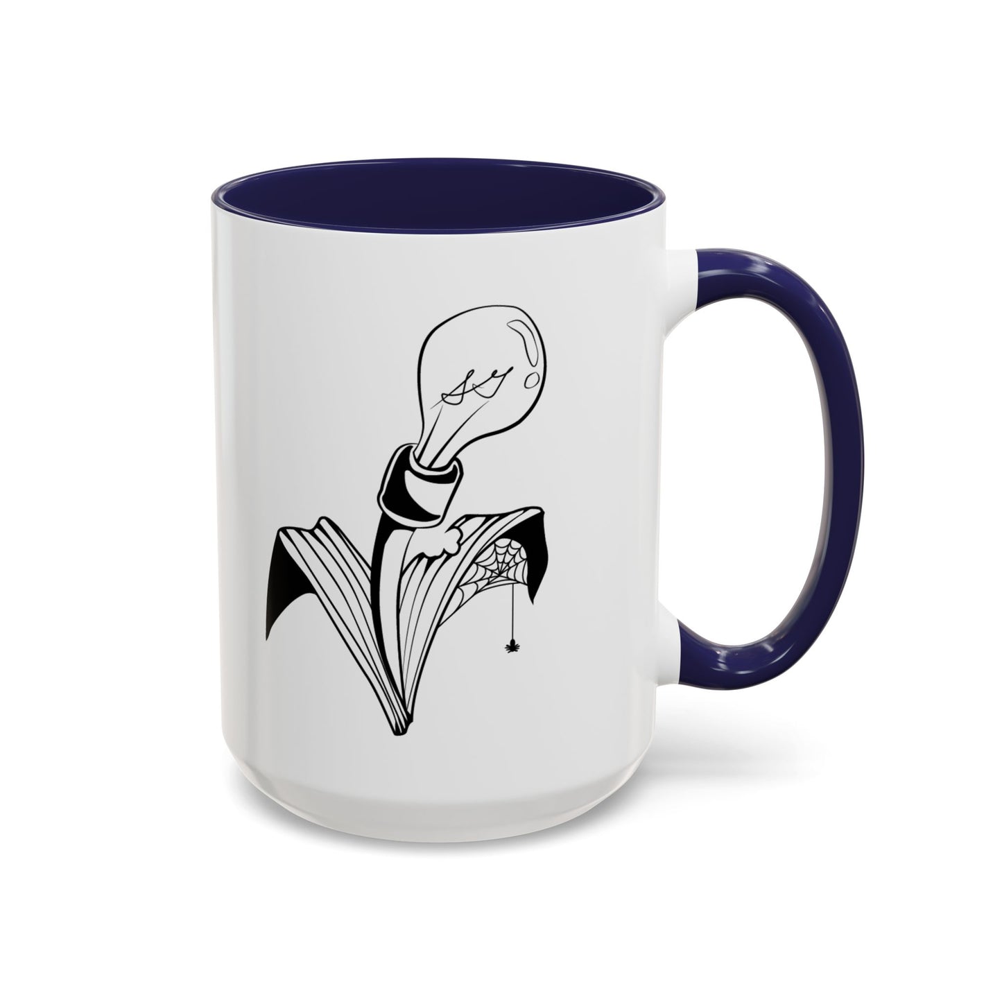 This is the Navy 15oz Storm Garden Studio Accent Coffee Mug. This is an image from the front with the handle on the right. It is color matched with the inside of the mug. The Storm Garden Studio logo is printed in black and white in the middle. The logo is a lightbulb screwed onto a plant with two leaves. One leaf is bitten through, has a spiderweb and a spider. It is against a white background.