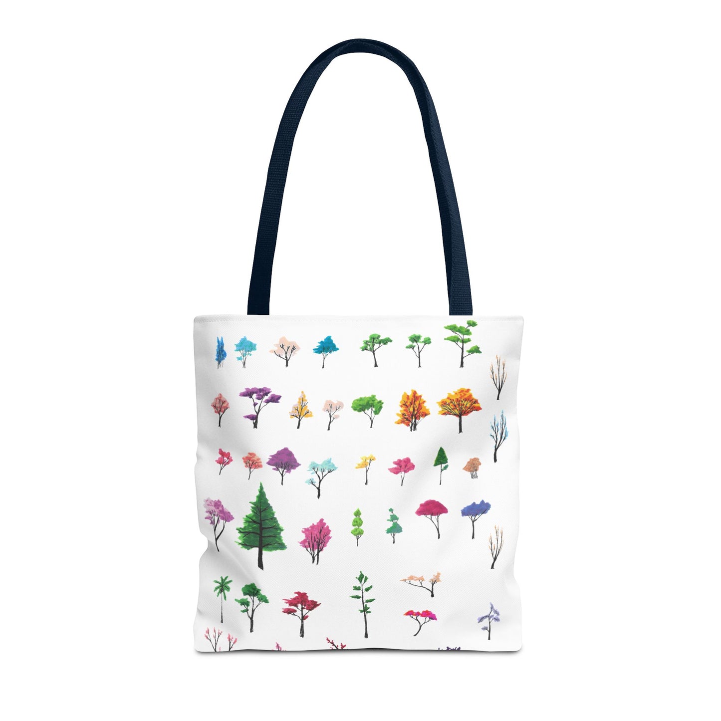 The Navy 13" x 13" Study of Trees Tote with color matched handles by Lee Hansheng Studios. There are a variety of tree illustrations from blooming fruit trees to deciduous and evergreens. The trees are colored pinks, purples, greens, yellows, blues and oranges on a white background tote. The tote is also against a white background.