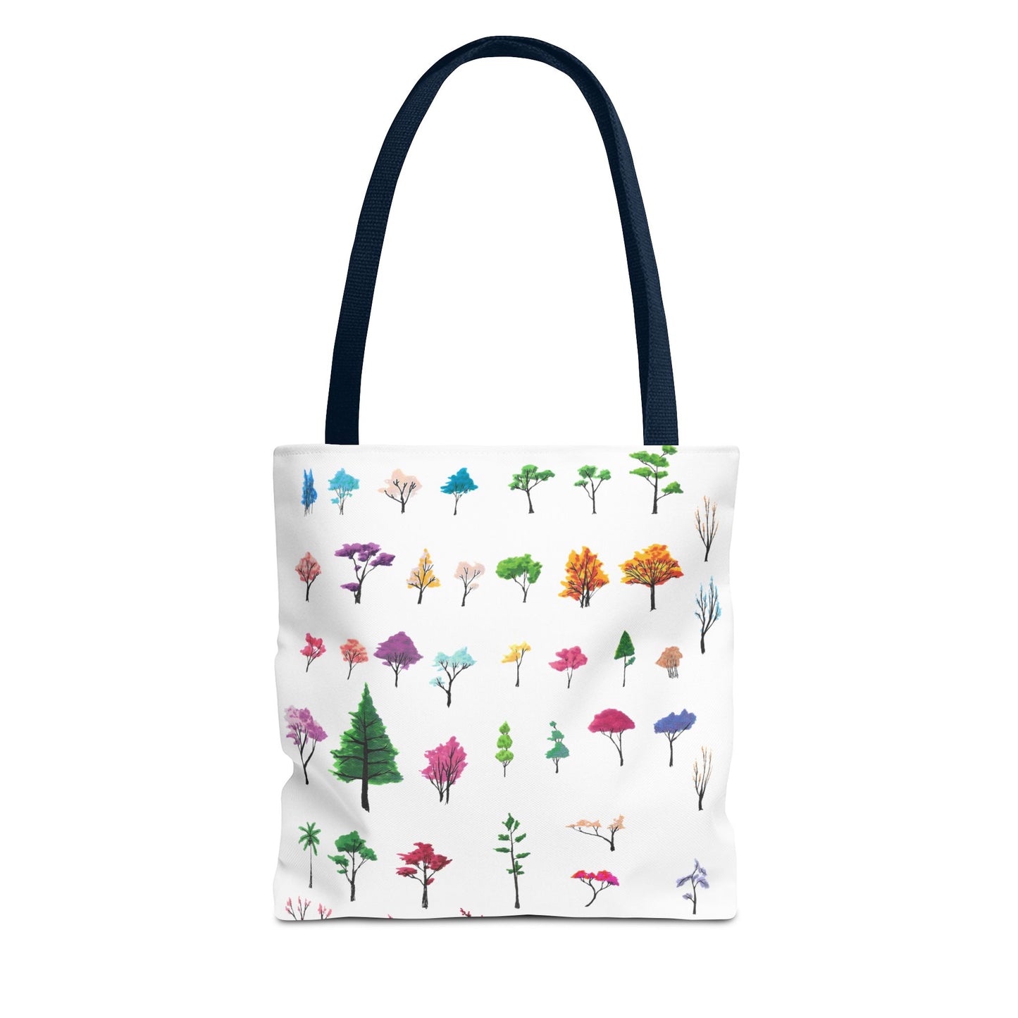 The Navy 13" x 13" Study of Trees Tote with color matched handles by Lee Hansheng Studios. There are a variety of tree illustrations from blooming fruit trees to deciduous and evergreens. The trees are colored pinks, purples, greens, yellows, blues and oranges on a white background tote. The tote is also against a white background.