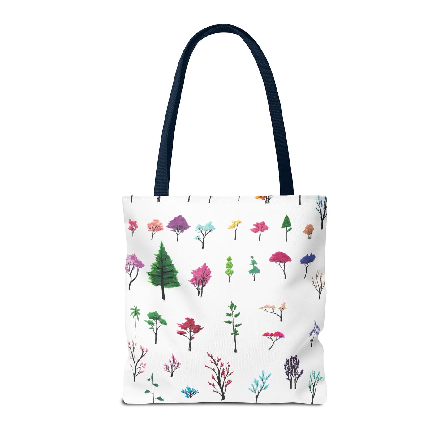 The Navy 16" x 16" Study of Trees Tote with color matched handles by Lee Hansheng Studios. There are a variety of tree illustrations from blooming fruit trees to deciduous and evergreens. The trees are colored pinks, purples, greens, yellows, blues and oranges on a white background tote.