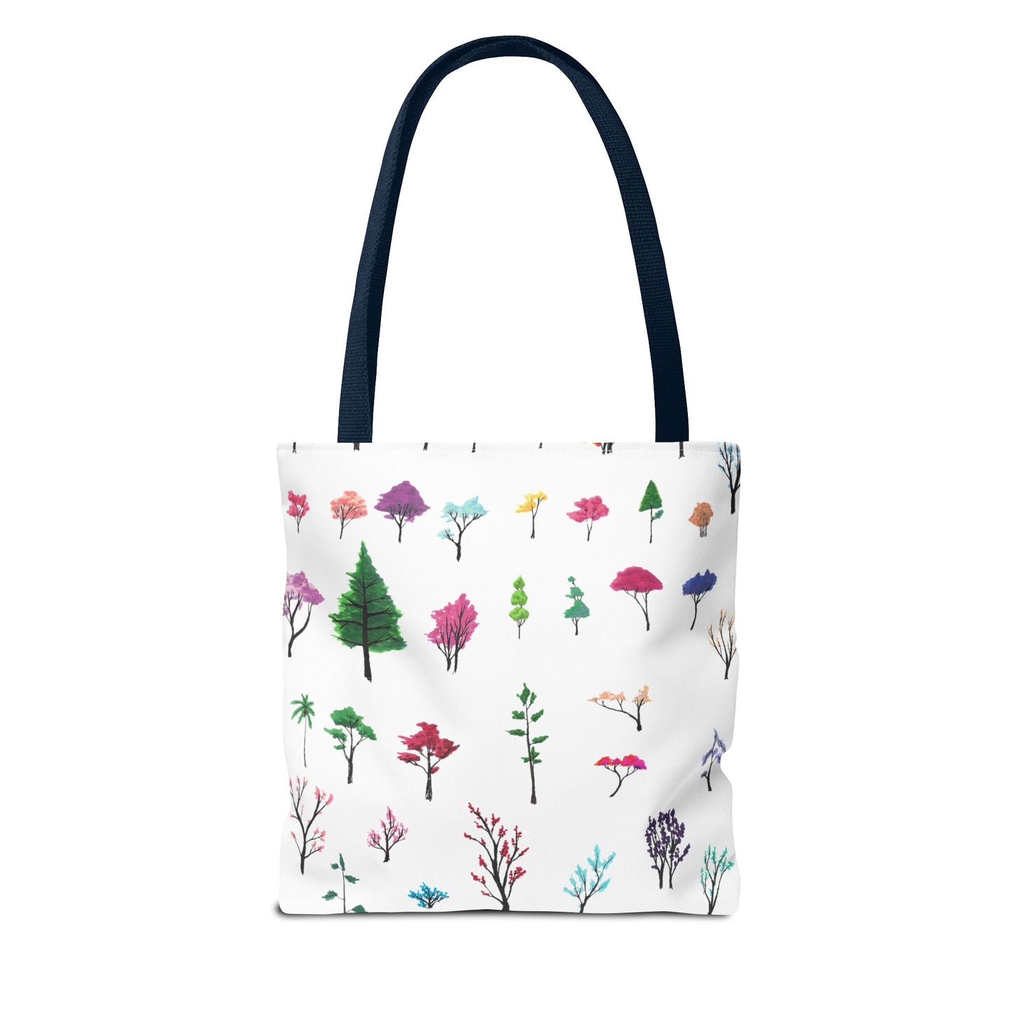 The Navy 16" x 16" Study of Trees Tote with color matched handles by Lee Hansheng Studios. There are a variety of tree illustrations from blooming fruit trees to deciduous and evergreens. The trees are colored pinks, purples, greens, yellows, blues and oranges on a white background tote. The tote is also against a white background.