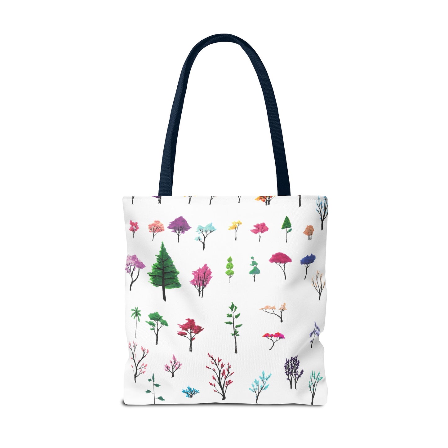 The Navy 18" x 18" Study of Trees Tote with color matched handles by Lee Hansheng Studios. There are a variety of tree illustrations from blooming fruit trees to deciduous and evergreens. The trees are colored pinks, purples, greens, yellows, blues and oranges on a white background tote.