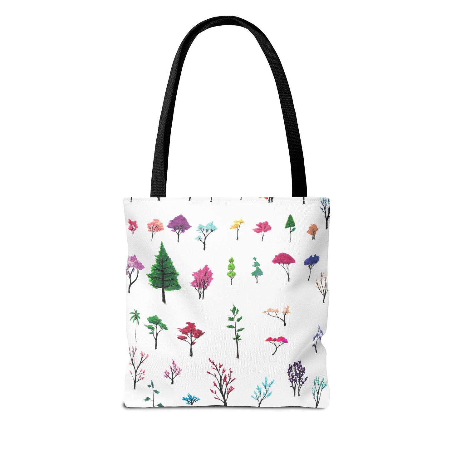 The Navy 18" x 18" Study of Trees Tote with color matched handles by Lee Hansheng Studios. There are a variety of tree illustrations from blooming fruit trees to deciduous and evergreens. The trees are colored pinks, purples, greens, yellows, blues and oranges on a white background tote. The tote is also against a white background.
