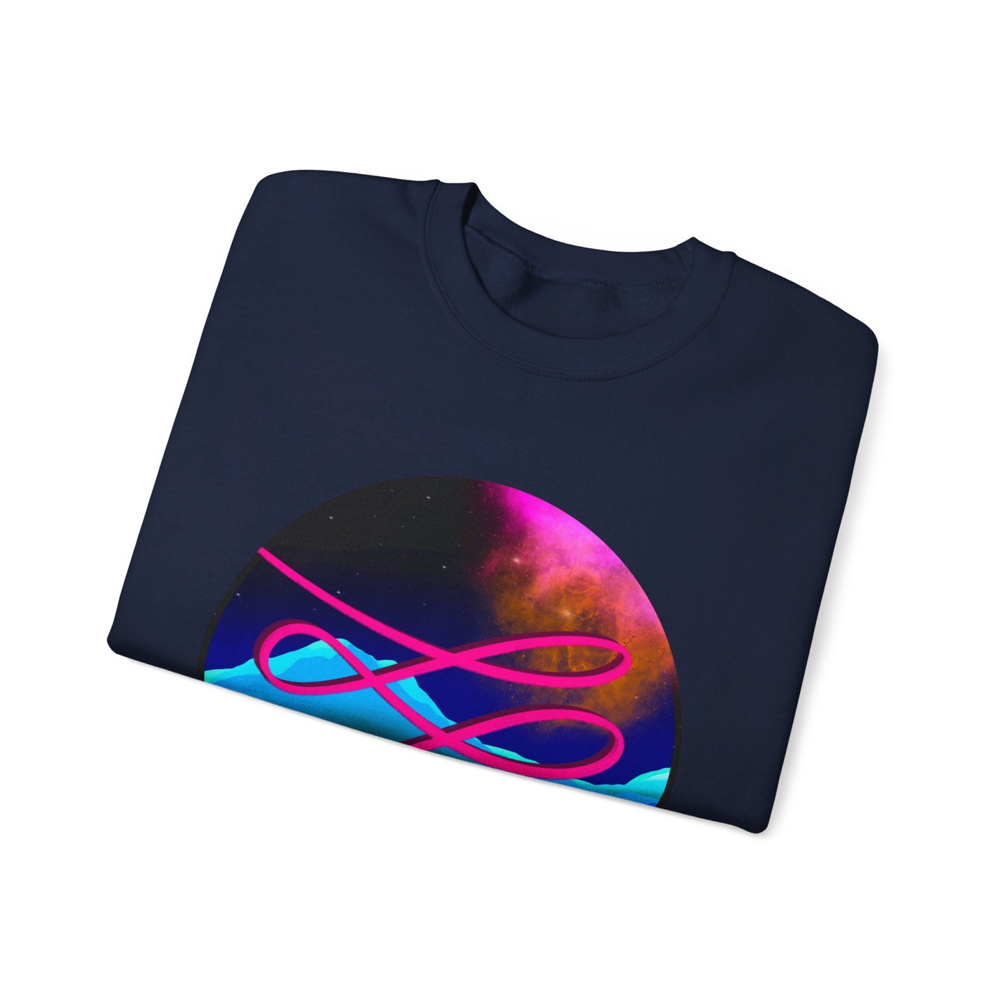 This is the Navy Swirl Heavy Blend Crewneck Sweatshirt by Lee Hansheng Studios. It comes in sizes S-3XL. This is an image of the front of the sweatshirt folded. The illustration is circular and covers the front of the shirt. The design is a hot pink swirl from left to right. The background has a mountain landscape that is reflected. The colors are pink, black, orange and blue. The image is against a white background.