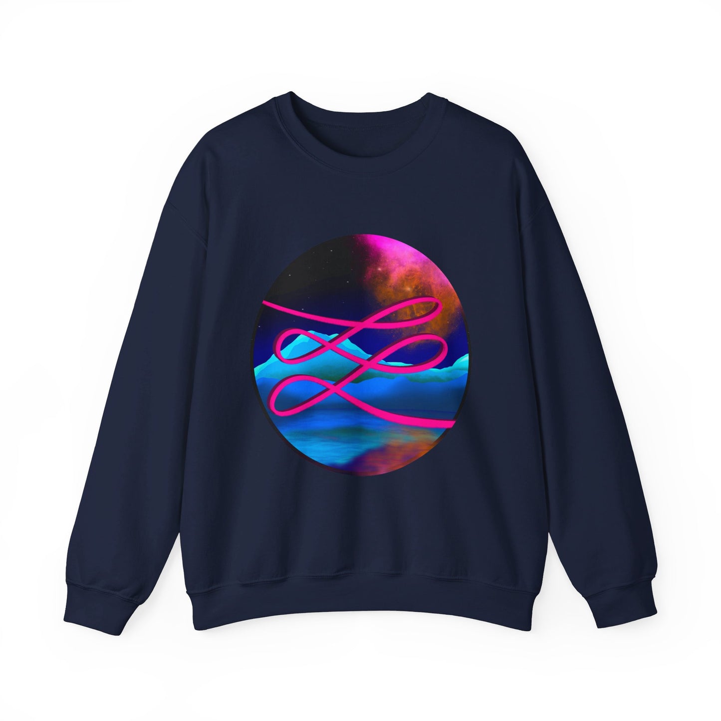 This is the Navy Swirl Heavy Blend Crewneck Sweatshirt by Lee Hansheng Studios. It comes in sizes S-3XL. This shows the front of the sweatshirt. The illustration is circular and covers the front of the shirt. The design is a hot pink swirl from left to right. The background has a mountain landscape that is reflected. The colors are pink, black, orange and blue. The wrists and waists are hemmed. It is against a white background.