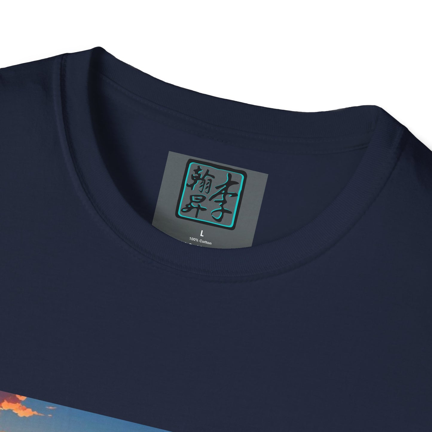 This is the Navy Temple of Peace Softstyle T-Shirt by Lee Hansheng Studios. It comes in sizes XS-5XL. This is an image of the t-shirt from the front but close up to the tag that is inside the shirt. There is the Lee Hansheng Studios logo printed in black and outlined in teal. The sizes are printed in white. This is all on a gray label. The shirt is against a white background.