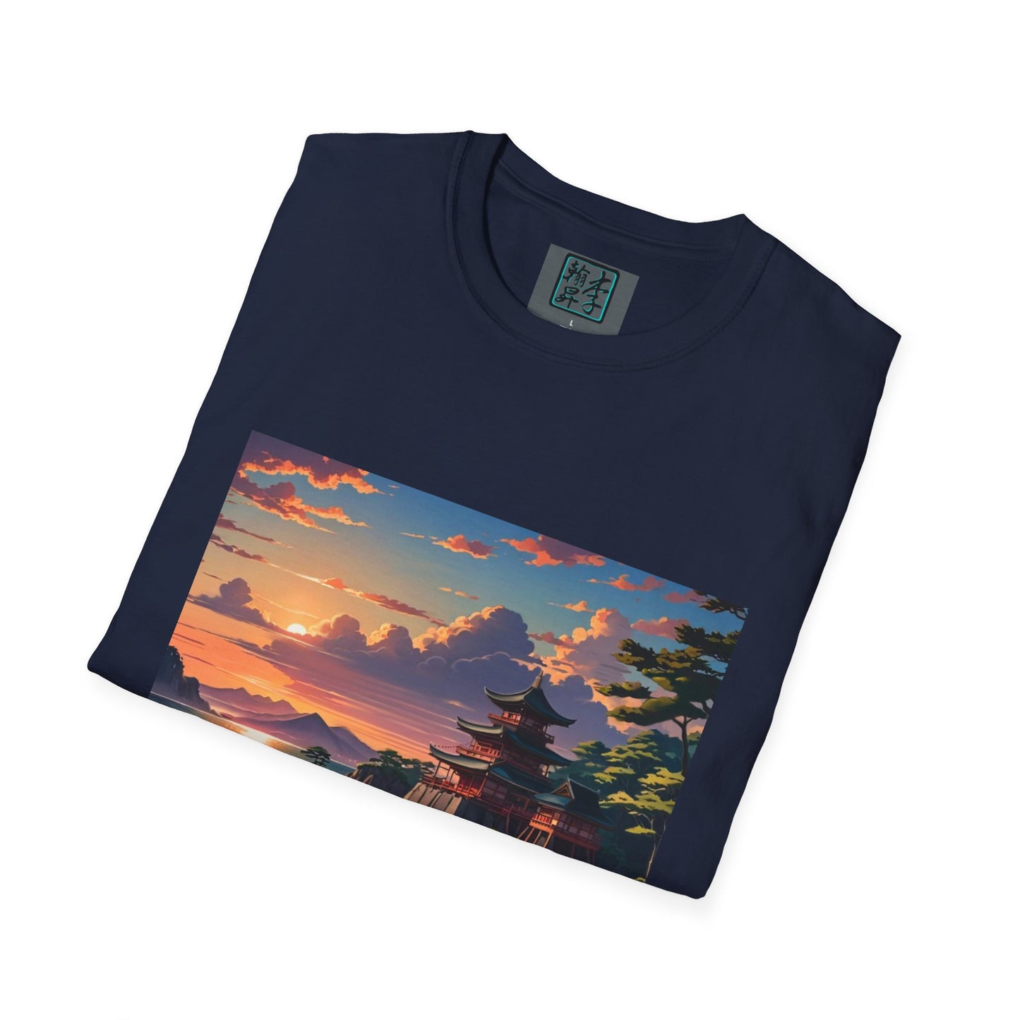 This is the Navy Temple of Peace Softstyle T-Shirt by Lee Hansheng Studios. It comes in sizes S-5XL. This is an image of the shirt from the front and folded. On the inside of the shirt there is the studio's logo. The illustration shows the top of the landscape. There is a setting red/orange sun above clouds, one blue roof,brown/red walled temples on the right thre are some trees and mountains in the background scenery. The t-shirt is against a white background.