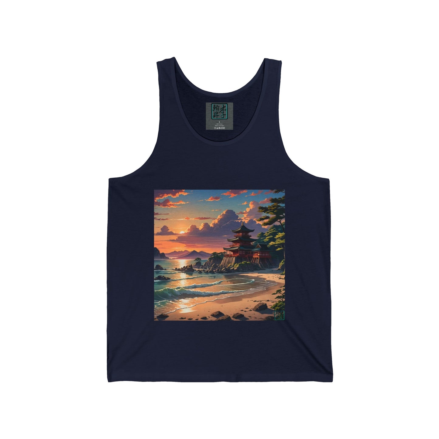This is the Navy Temple of Peace Tank by Lee Hansheng Studios. It comes in sizes S-2XL.This showcases the front of the tank.The inside of the shirt there is the studio's logo on a gray backing and size label in white.The illustration shows a setting red/orange sun above clouds,two blue roof,brown/red walled temples on the right on top of the hills,mountains,blue/white waves into sand and a forest to the right.Bottom right corner is the logo printed in black for the studio and outlined in blue.