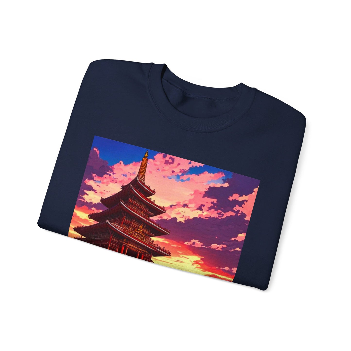 This is the Navy Temple on the Sea Heavy Blend Crewneck Sweatshirt by Lee Hansheng Studios. This comes in sizes S-3XL. This is an image of the front of the sweatshirt folded. The illustration has a temple with 4 stories on the left. There are cloudy skies with a little bit of blue, white, red and pinks on the clouds. There is a little bit of the sunset peeking through behind the temple. It is yellow and red colors. The image of the sweatshirt is against a white background.