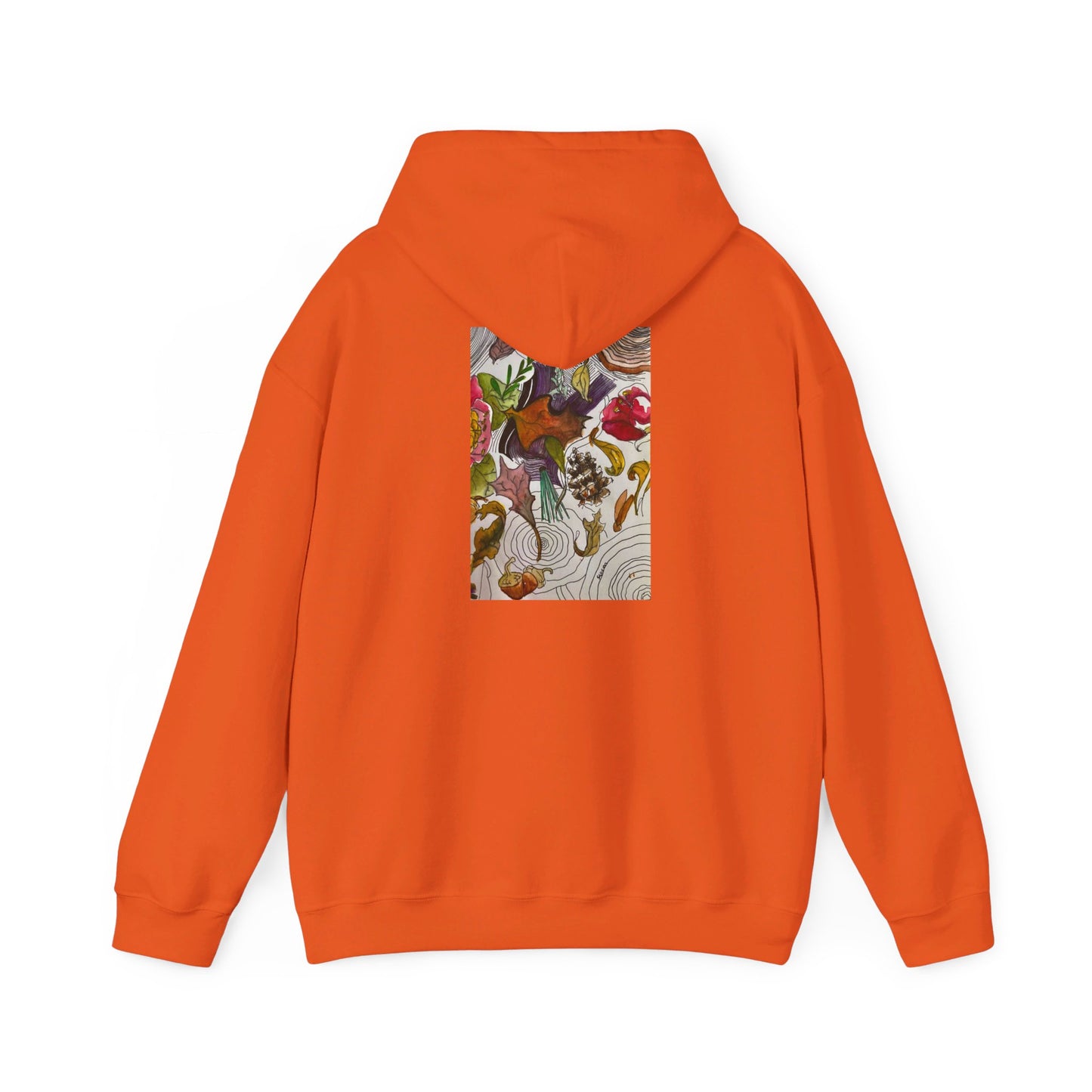 This is the Orange Fall is falling Heavy Blend Hooded Sweatshirt by Storm Garden Studio. It comes in sizes S-5XL. The image is from the back with the hood down. The drawstring is color matched. The illustration is within a rectangle starting from the upper back to mid back. There are various conifers like leaves,pine cones,etc. There are also some flowers and a tree trunk ring.The colors are red, yellow, dark brown, purples, and green. It is against from a white background.