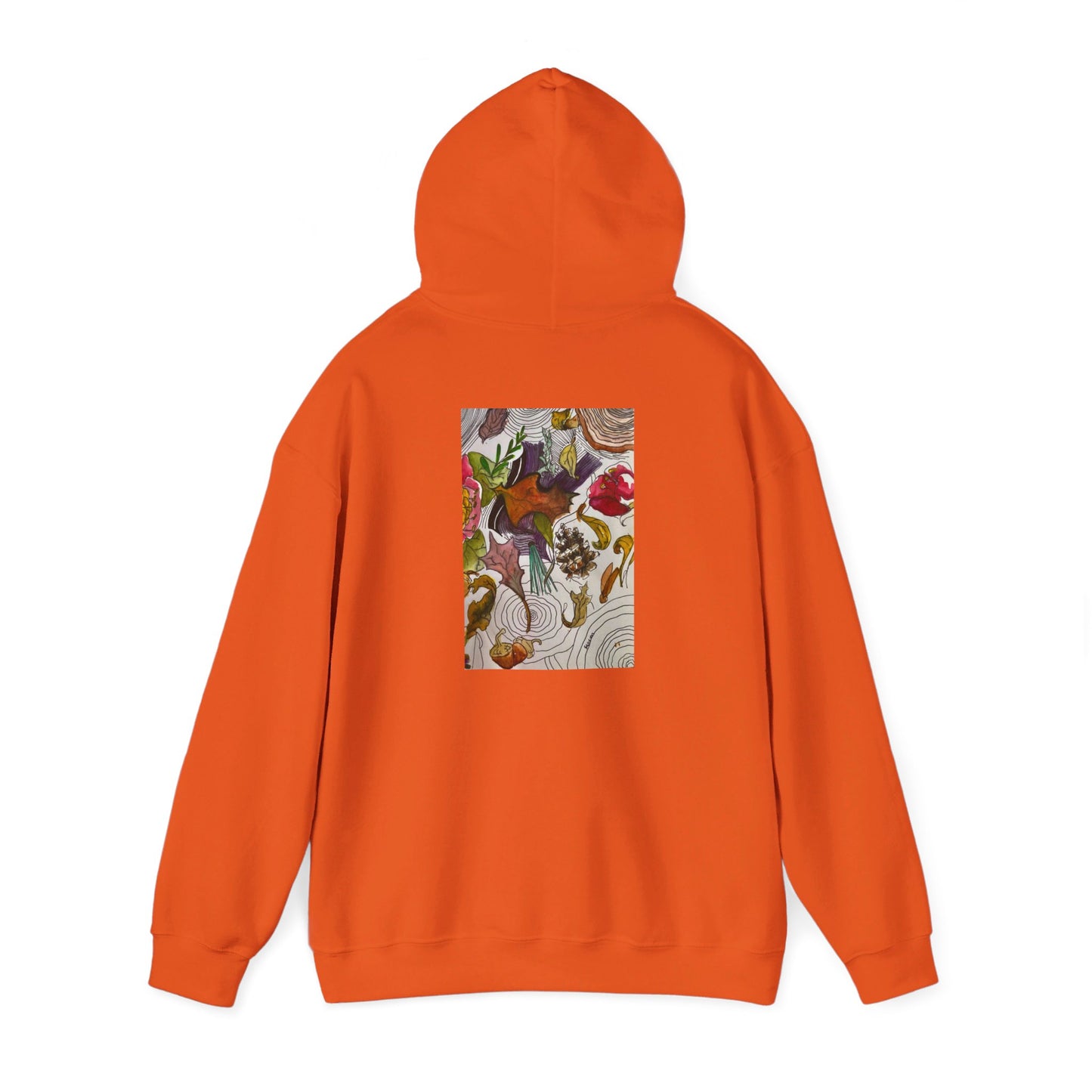 This is the Orange Fall is falling Heavy Blend Hooded Sweatshirt by Storm Garden Studio. It comes in sizes S-5XL. The image is from the back with the hood up to show the shoulder area. The drawstring is color matched. The illustration is within a rectangle starting from the upper back to mid back. There are various conifers like leaves,pine cones,etc. There are also some flowers and a tree trunk ring.The colors are red, yellow, dark brown, purples, and green. It is against from a white background.