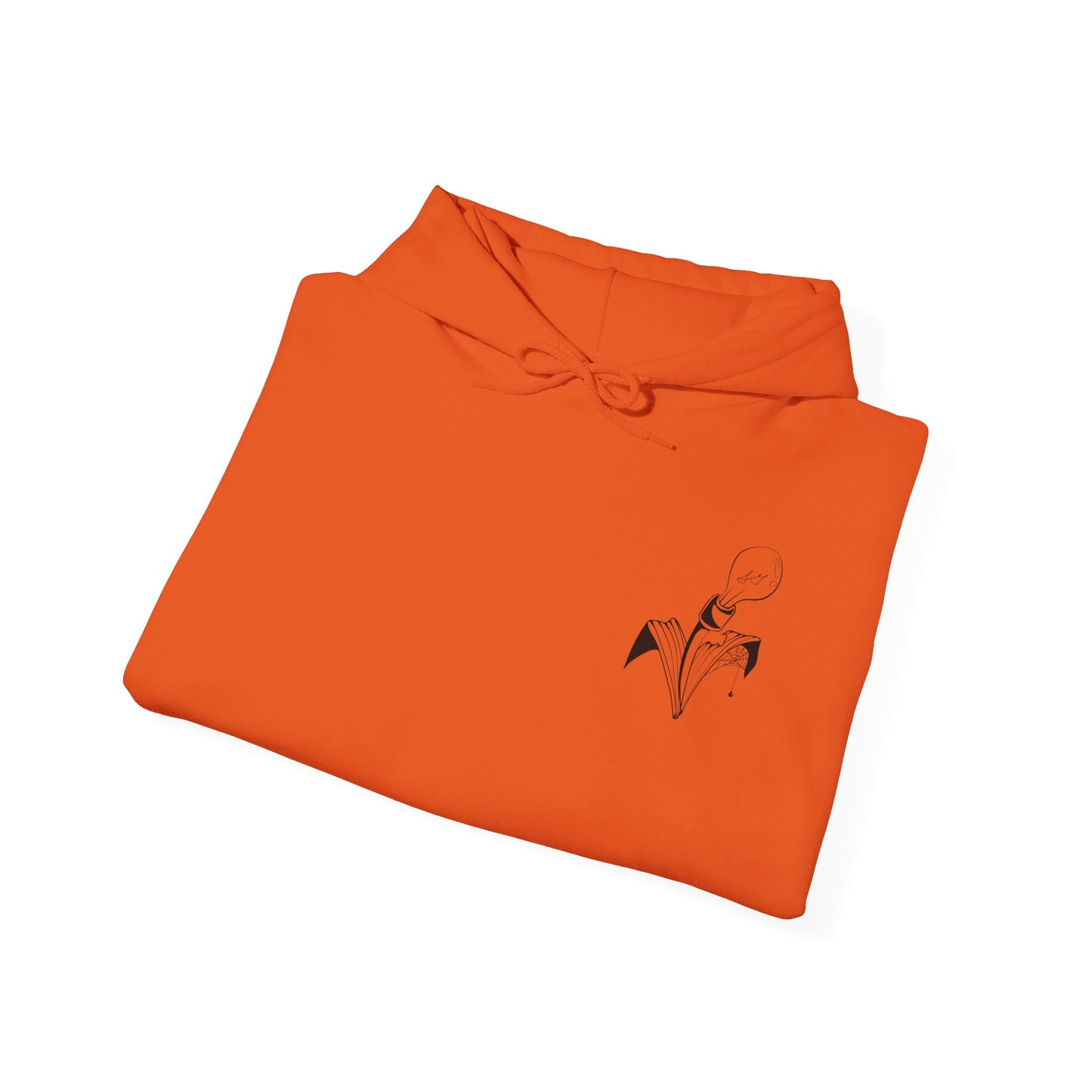 This is the Orange Fall is falling Heavy Blend Hooded Sweatshirt by Storm Garden Studio. It comes in sizes S-5XL. The image is the sweatshirt folded from the front. The drawstring is color matched and has Storm Garden Studio logo printed in black on the left breast area. It is against a white background.