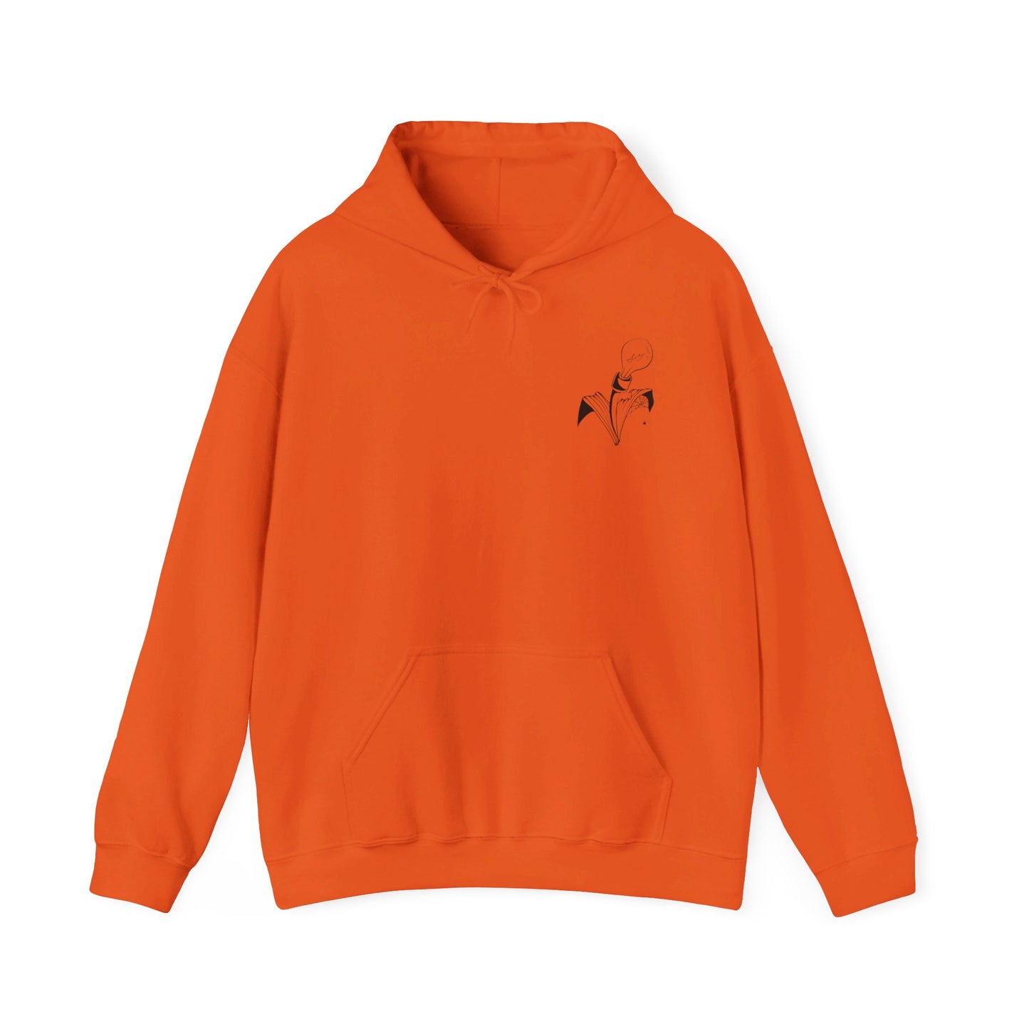 This is the Orange Fall is falling Heavy Blend Hooded Sweatshirt by Storm Garden Studio. It comes in sizes S-5XL. The image is the sweatshirt from the front. The drawstring is color matched and has Storm Garden Studio logo printed in black on the left breast area. There is a large kangaroo pocket and is hemmed on sleeves/end of sweater. It is against a white background.