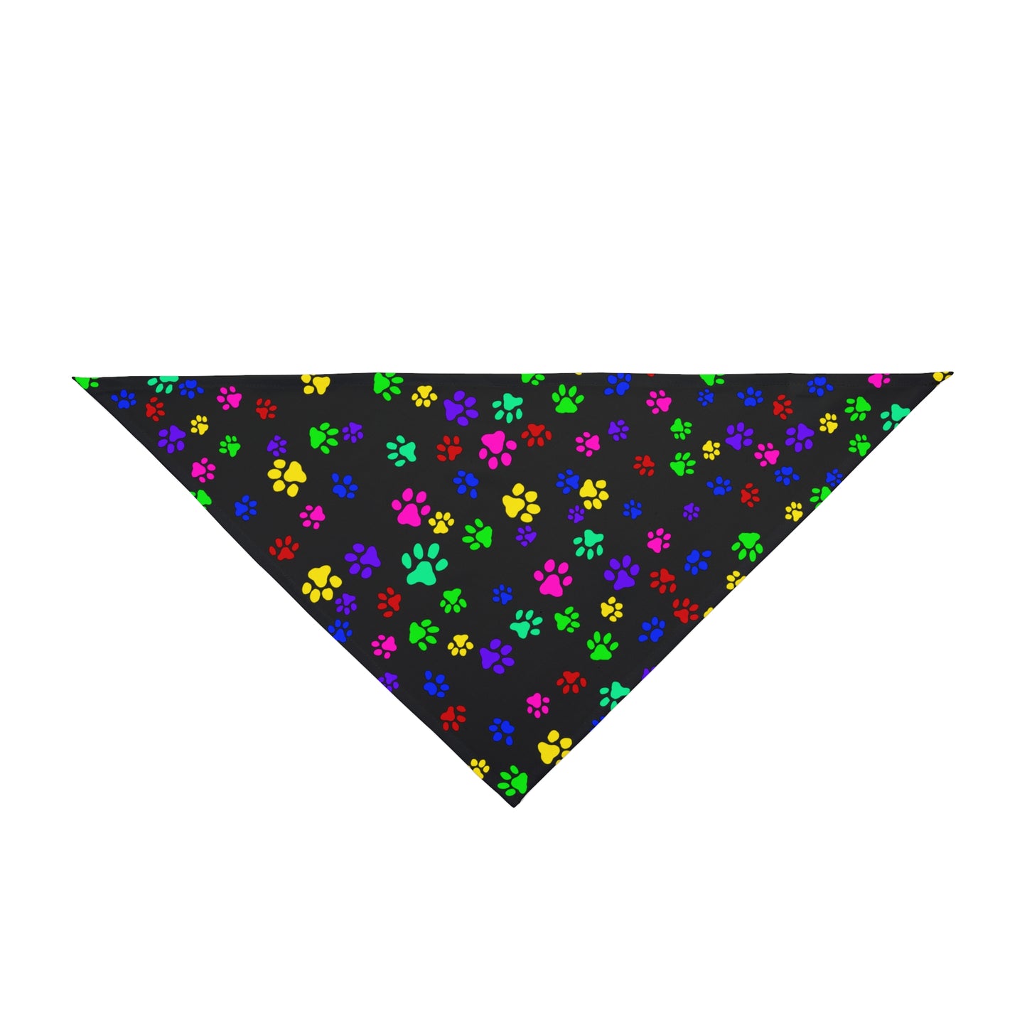 This is the 27" x 13" Paws on Paws Pet Bandana. This shows bandana from the front. The design shows a triangle shape with different sized color paws on the design. The colors are yellow, green red, blue and purple on a black background. The bandana is against a white background.