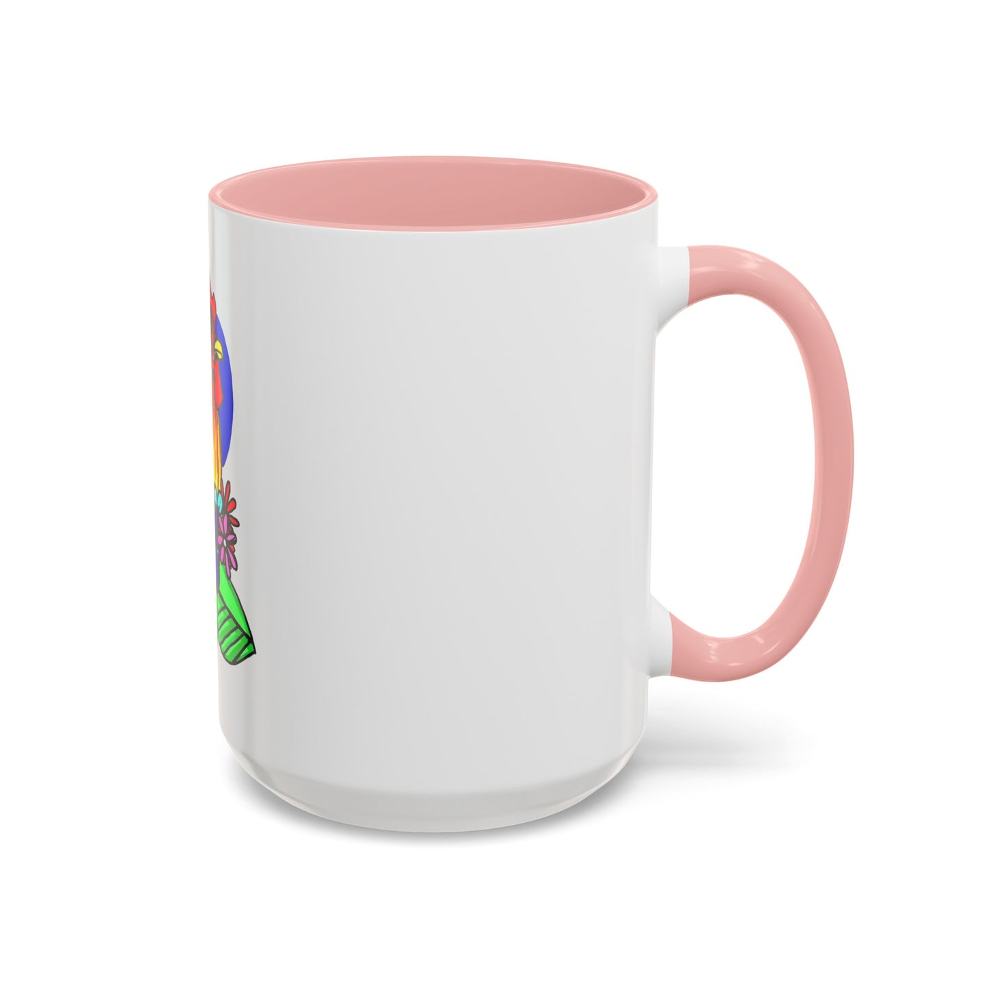 This it the Pink 15 oz Cock Accent Coffee Mug by Storm Garden Studio. This image showcases the back of the mug with the handle to the right. The handles are color matched. A bit of the illustration can be seen from the right with a bright green, orange and blue. It is against a white background.